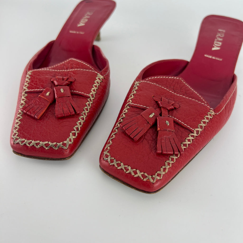 Prada | Vintage Red Square Toe Kitten Heel Mules Tassel Topstitching (37.5)