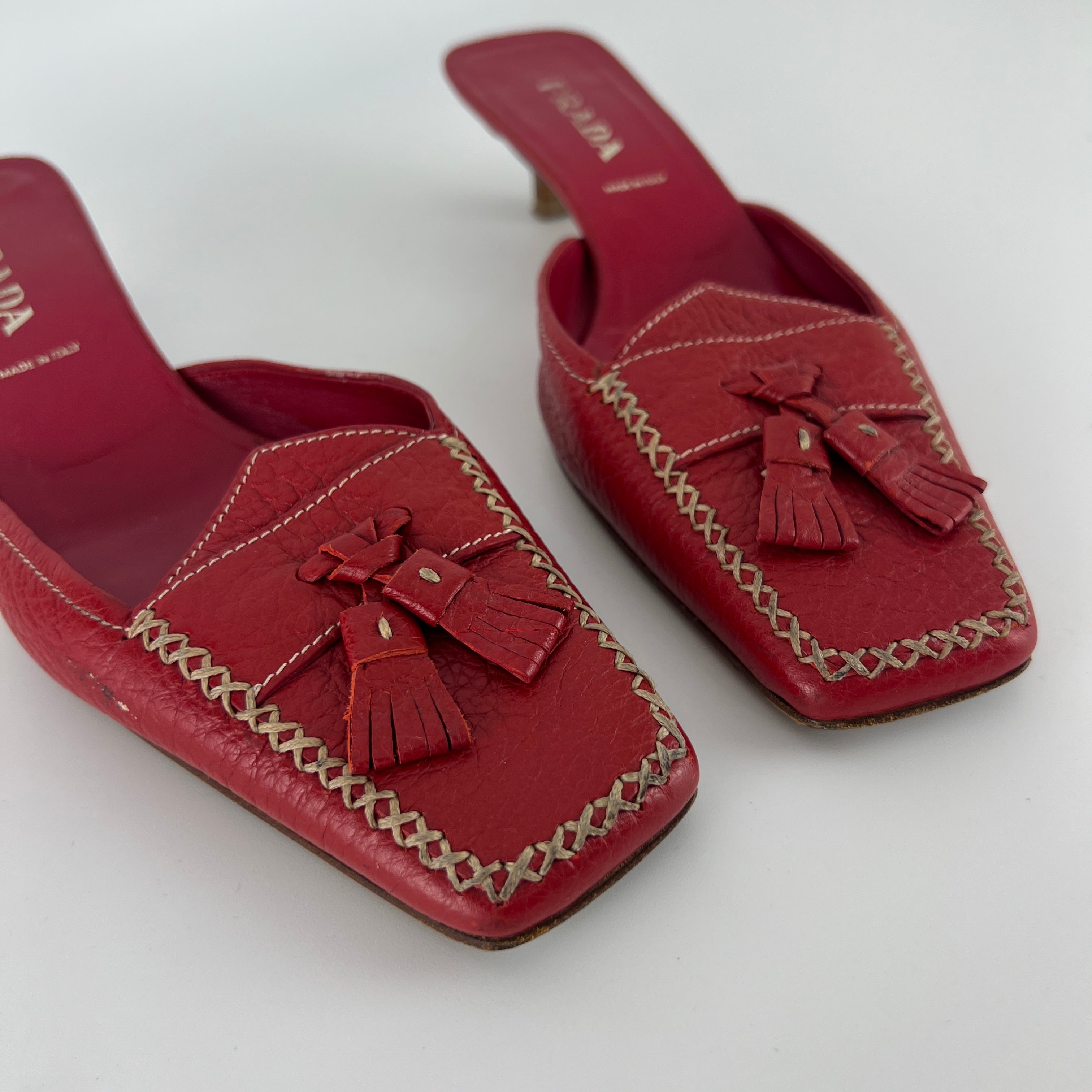 Prada | Vintage Red Square Toe Kitten Heel Mules Tassel Topstitching (37.5)