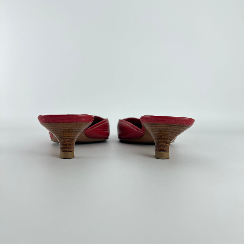 Prada | Vintage Red Square Toe Kitten Heel Mules Tassel Topstitching (37.5)