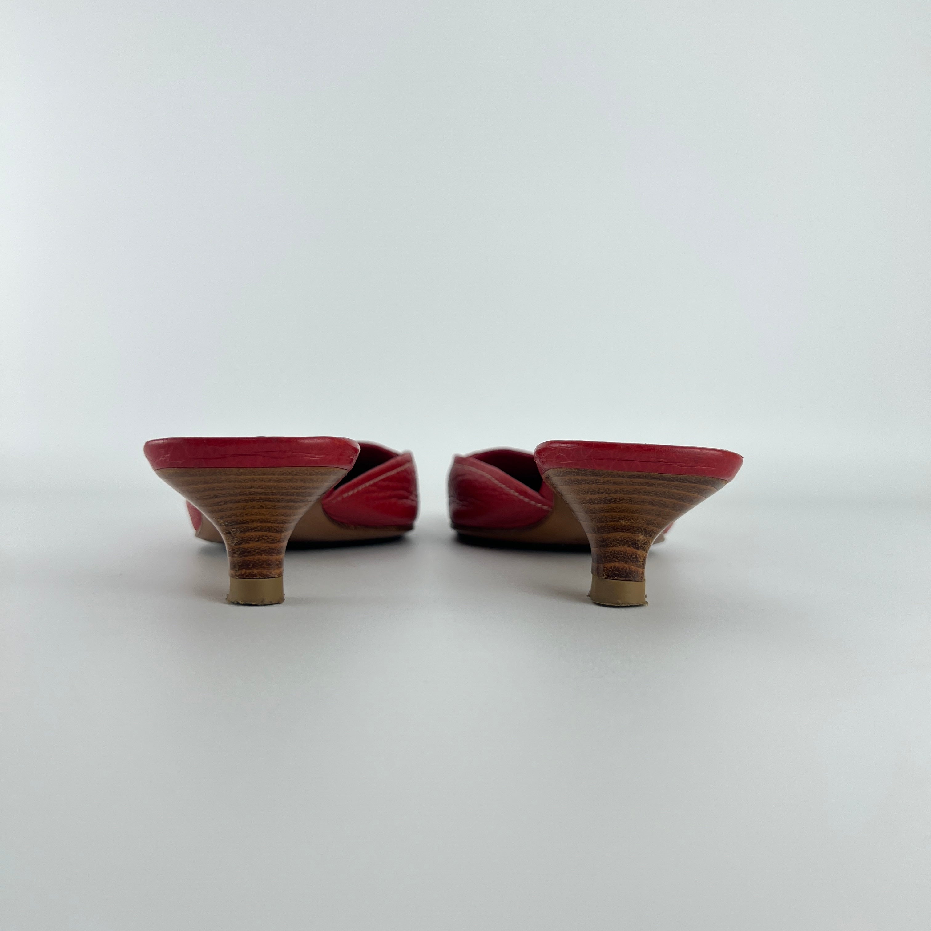Prada | Vintage Red Square Toe Kitten Heel Mules Tassel Topstitching (37.5)