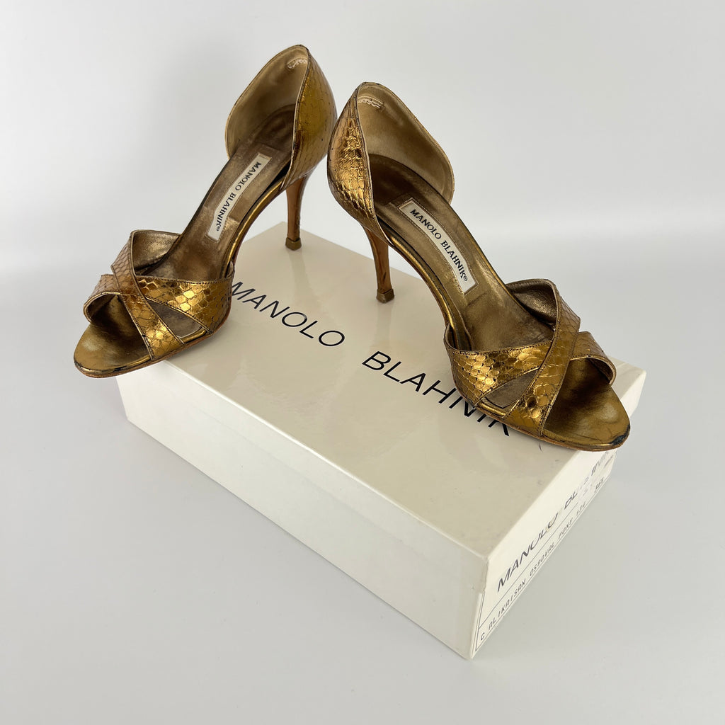 Manolo Blahnik | Metallic Gold Snake Embossed Leather Strappy Pumps (35.5)
