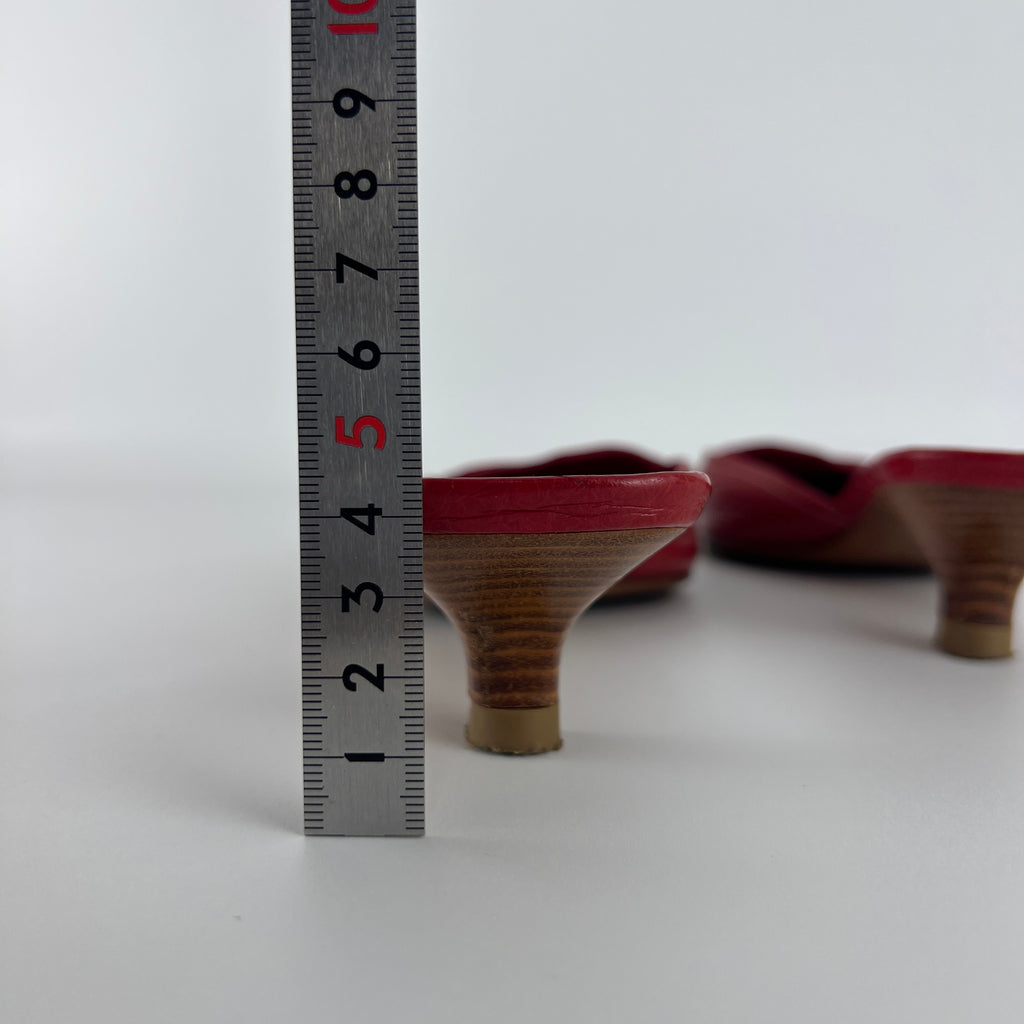 Prada | Vintage Red Square Toe Kitten Heel Mules Tassel Topstitching (37.5)