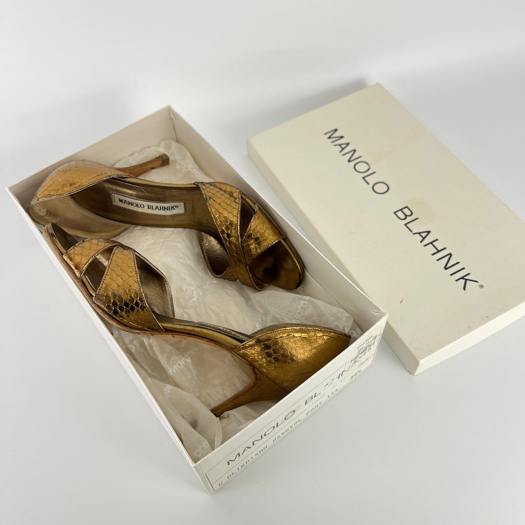 Manolo Blahnik | Metallic Gold Snake Embossed Leather Strappy Pumps (35.5)