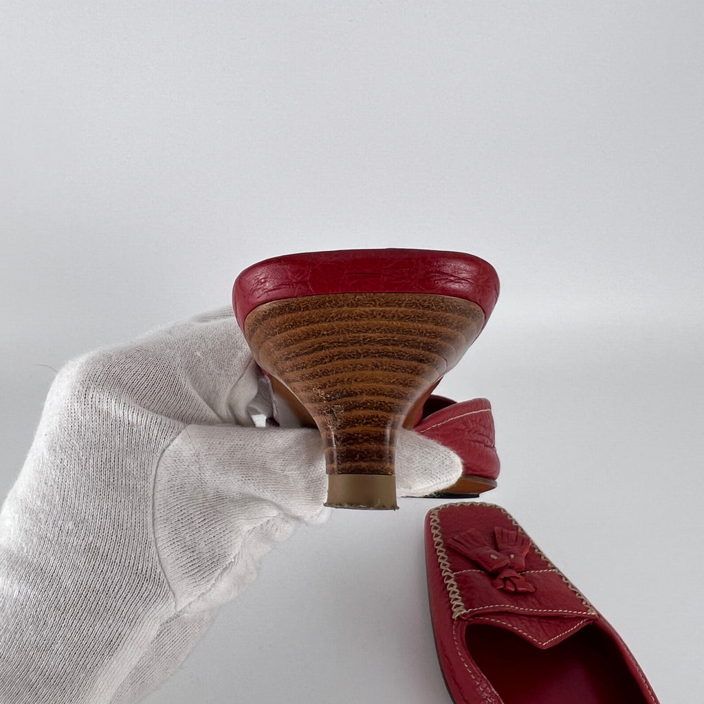 Prada | Vintage Red Square Toe Kitten Heel Mules Tassel Topstitching (37.5)