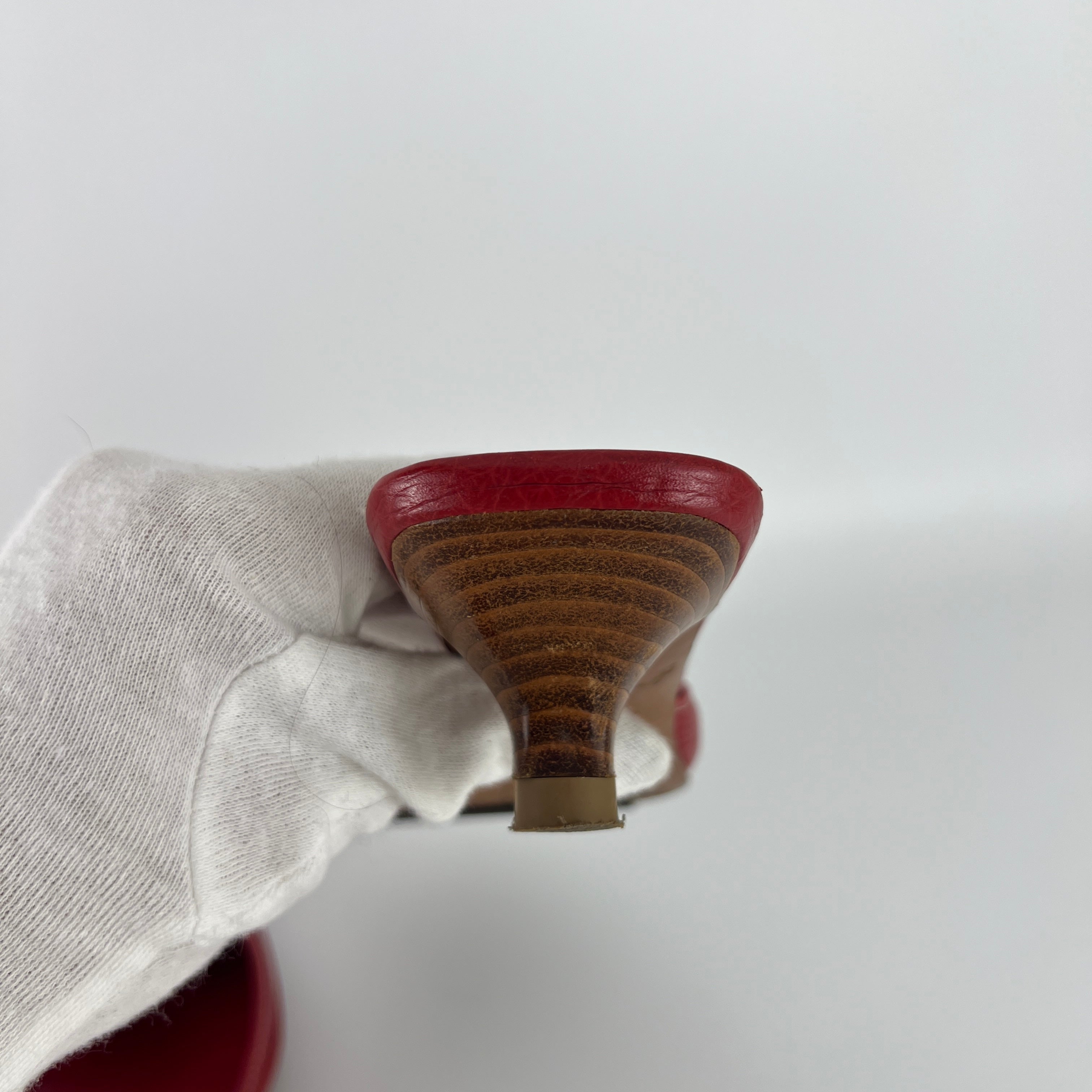 Prada | Vintage Red Square Toe Kitten Heel Mules Tassel Topstitching (37.5)