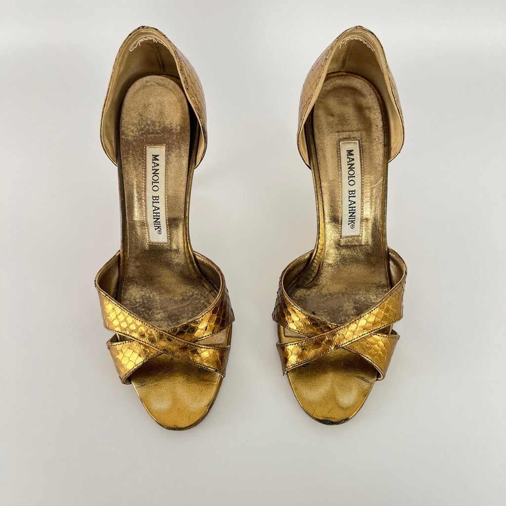 Manolo Blahnik | Metallic Gold Snake Embossed Leather Strappy Pumps (35.5)