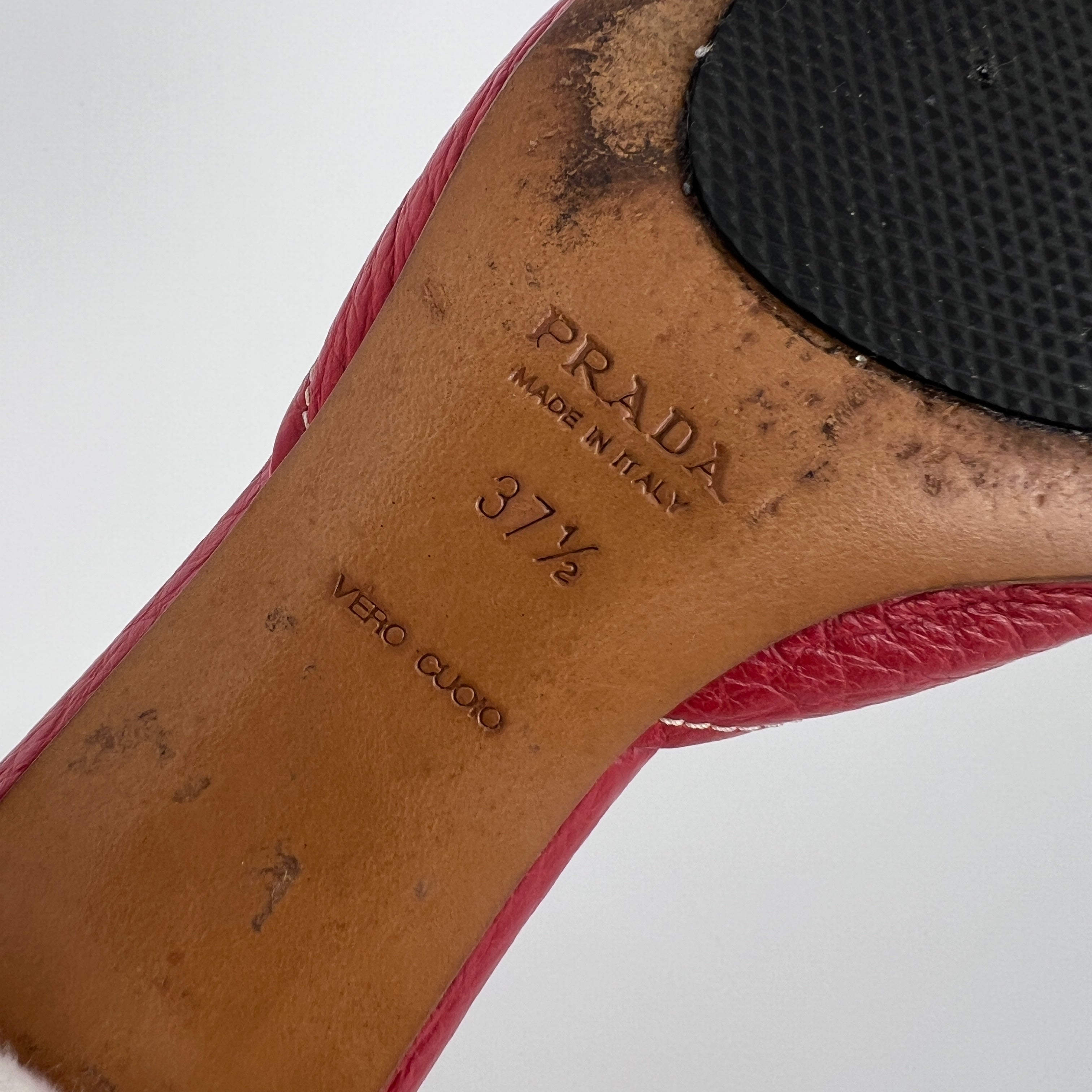 Prada | Vintage Red Square Toe Kitten Heel Mules Tassel Topstitching (37.5)