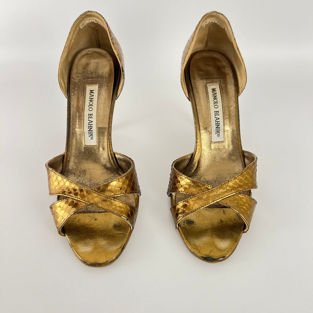 Manolo Blahnik | Metallic Gold Snake Embossed Leather Strappy Pumps (35.5)