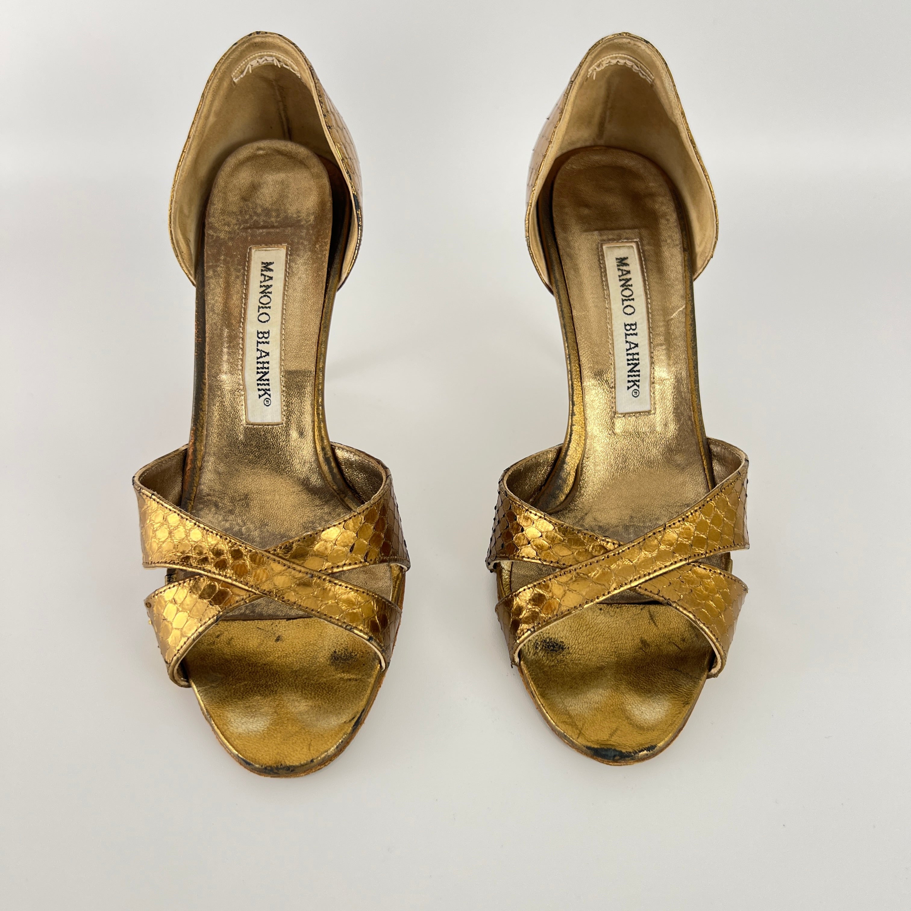 Manolo Blahnik | Metallic Gold Snake Embossed Leather Strappy Pumps (35.5)