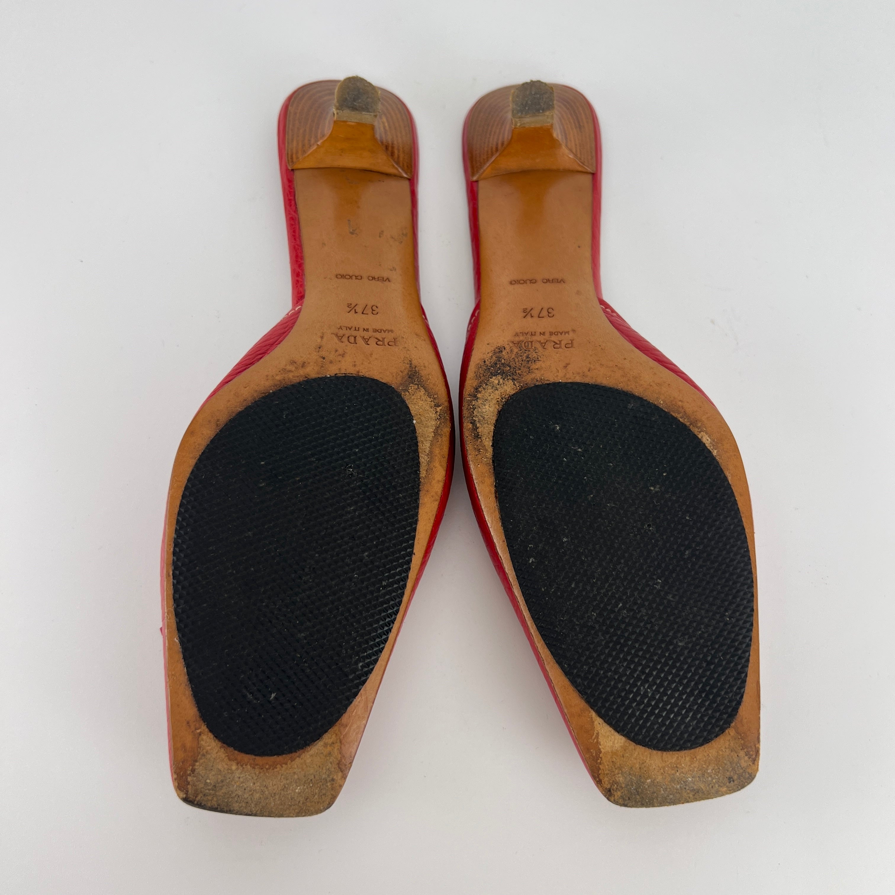 Prada | Vintage Red Square Toe Kitten Heel Mules Tassel Topstitching (37.5)