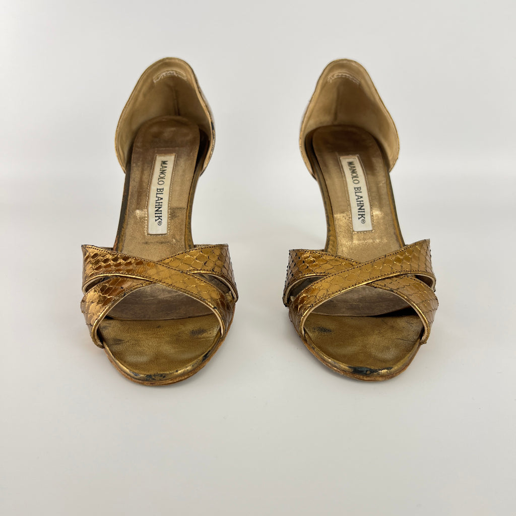 Manolo Blahnik | Metallic Gold Snake Embossed Leather Strappy Pumps (35.5)