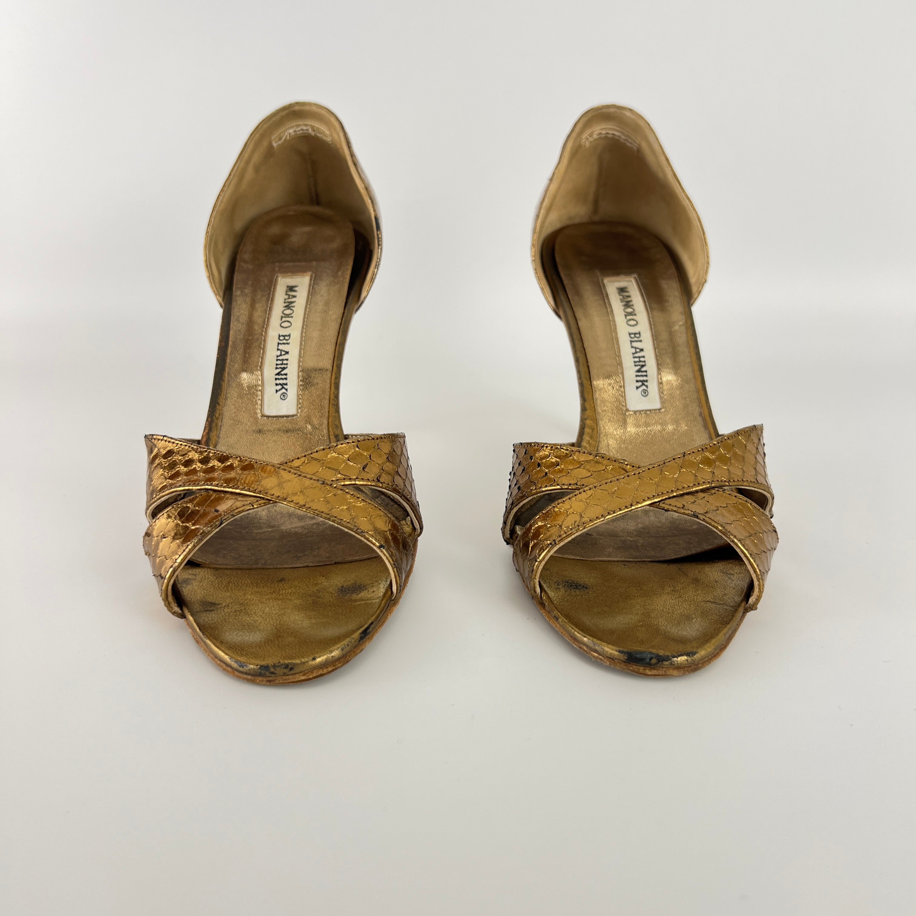 Manolo Blahnik | Metallic Gold Snake Embossed Leather Strappy Pumps (35.5)