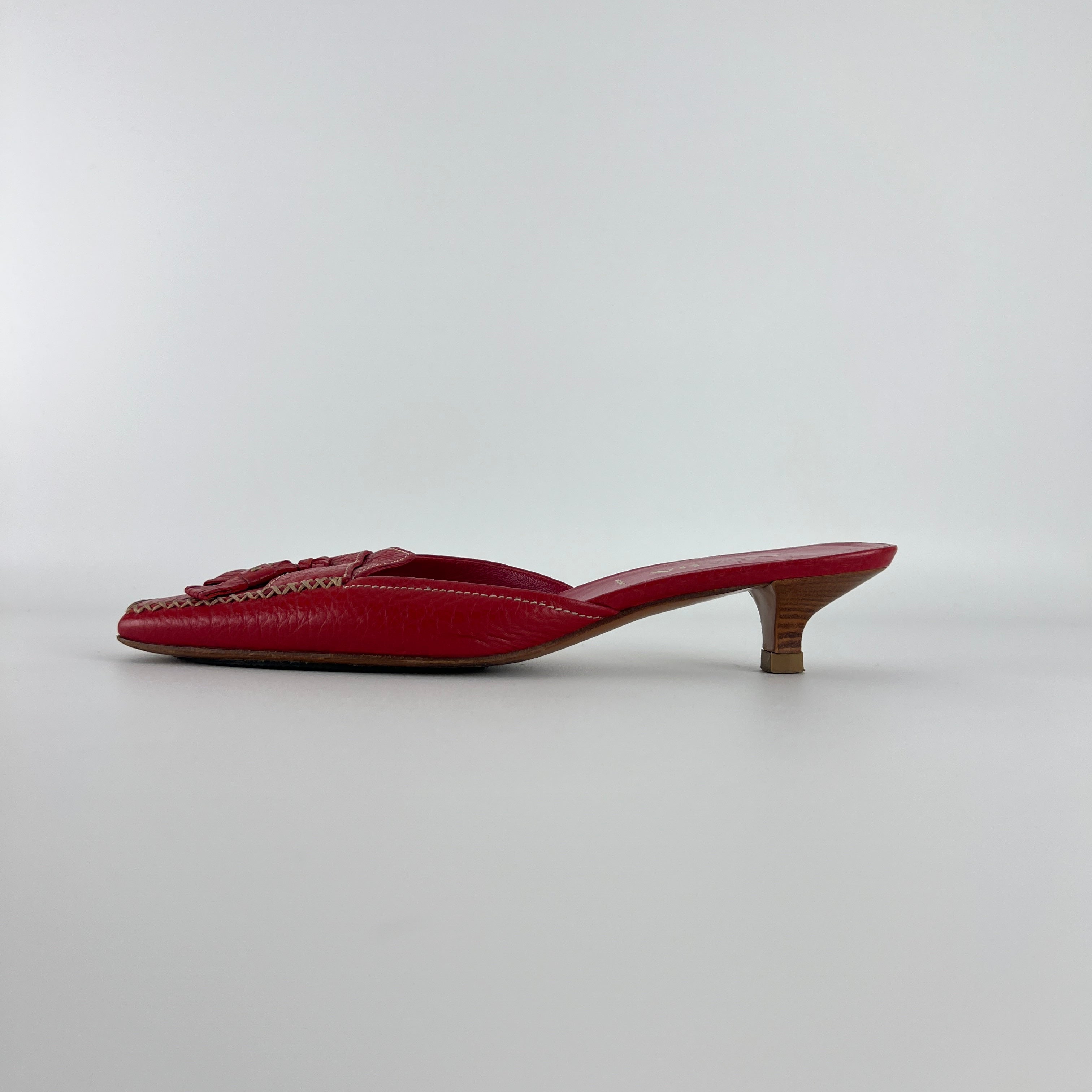 Prada | Vintage Red Square Toe Kitten Heel Mules Tassel Topstitching (37.5)