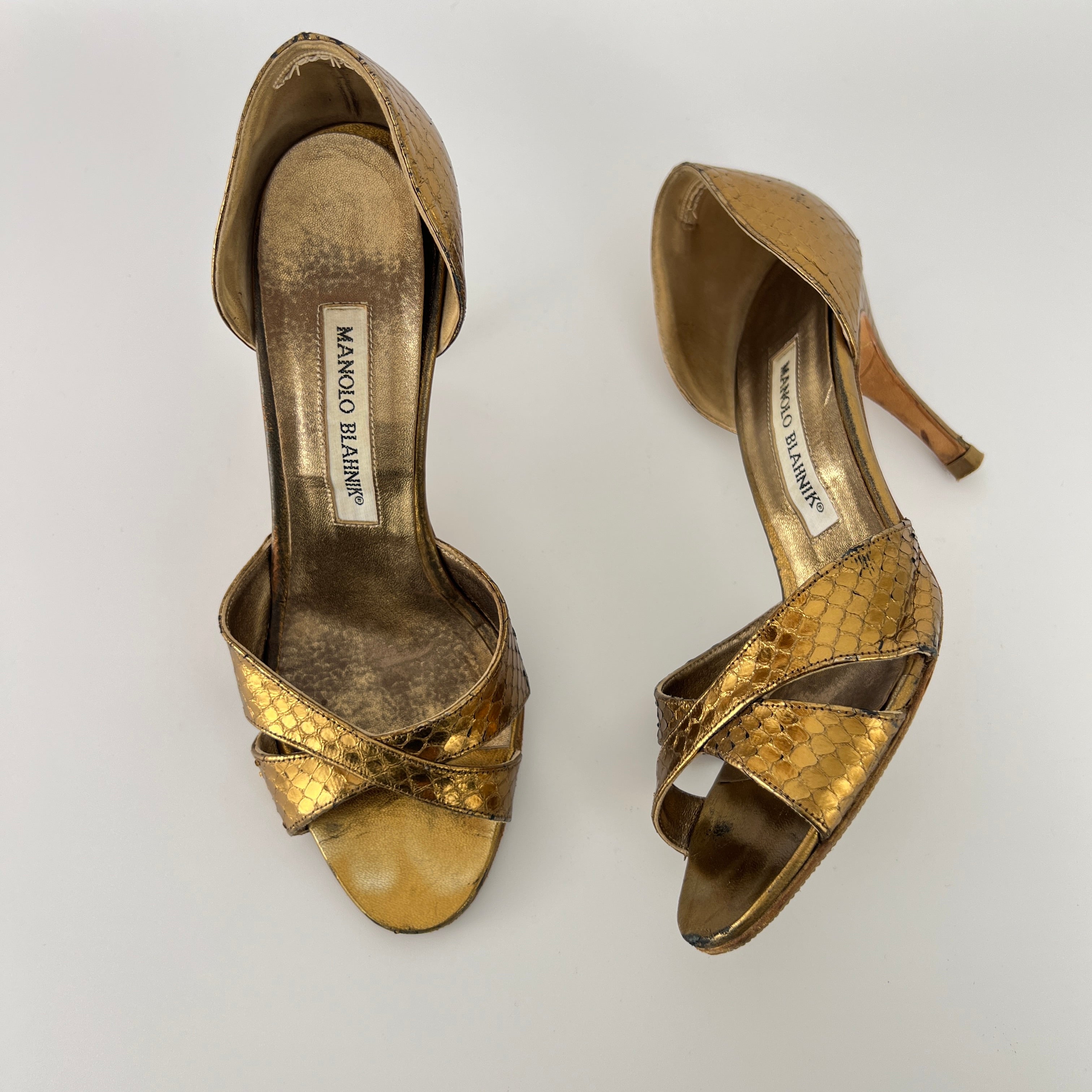 Manolo Blahnik | Metallic Gold Snake Embossed Leather Strappy Pumps (35.5)