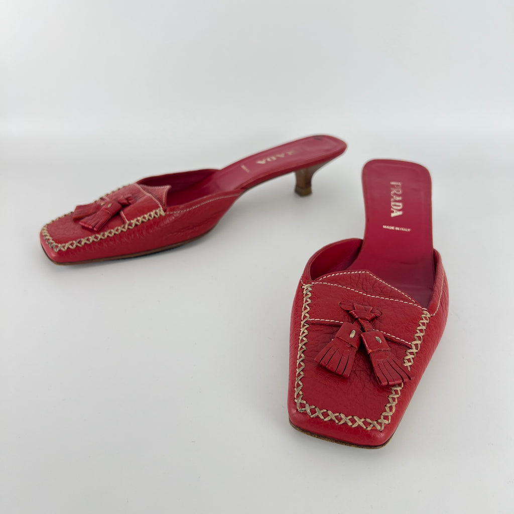 Prada | Vintage Red Square Toe Kitten Heel Mules Tassel Topstitching (37.5)