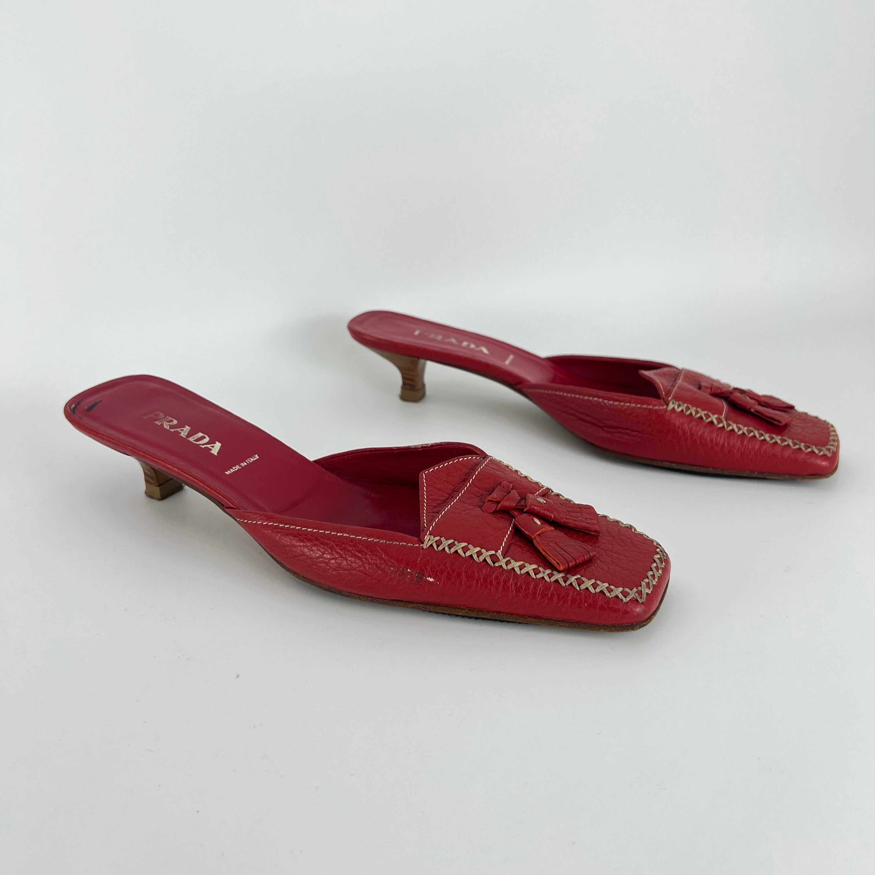 Prada | Vintage Red Square Toe Kitten Heel Mules Tassel Topstitching (37.5)