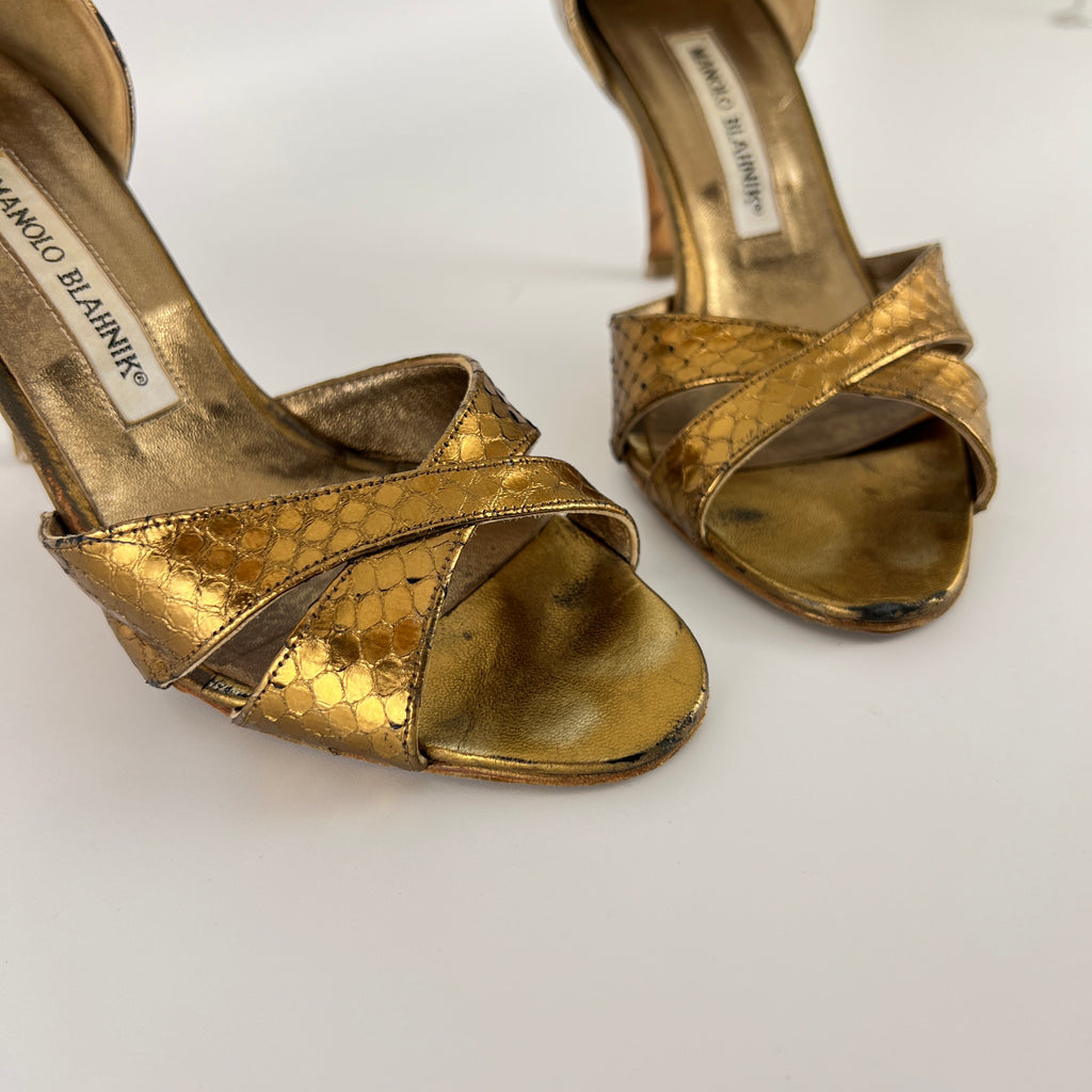 Manolo Blahnik | Metallic Gold Snake Embossed Leather Strappy Pumps (35.5)