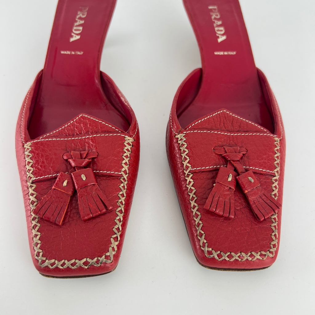 Prada | Vintage Red Square Toe Kitten Heel Mules Tassel Topstitching (37.5)