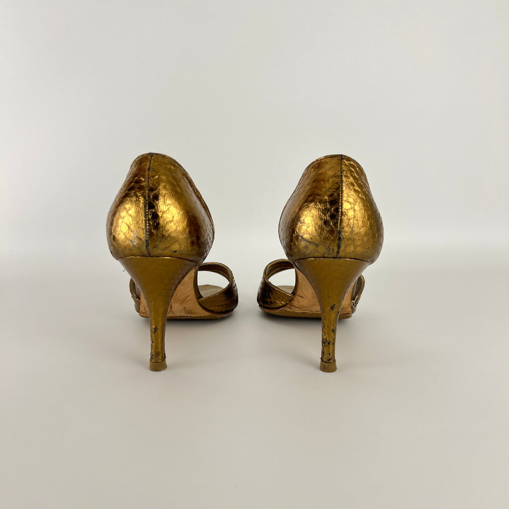 Manolo Blahnik | Metallic Gold Snake Embossed Leather Strappy Pumps (35.5)