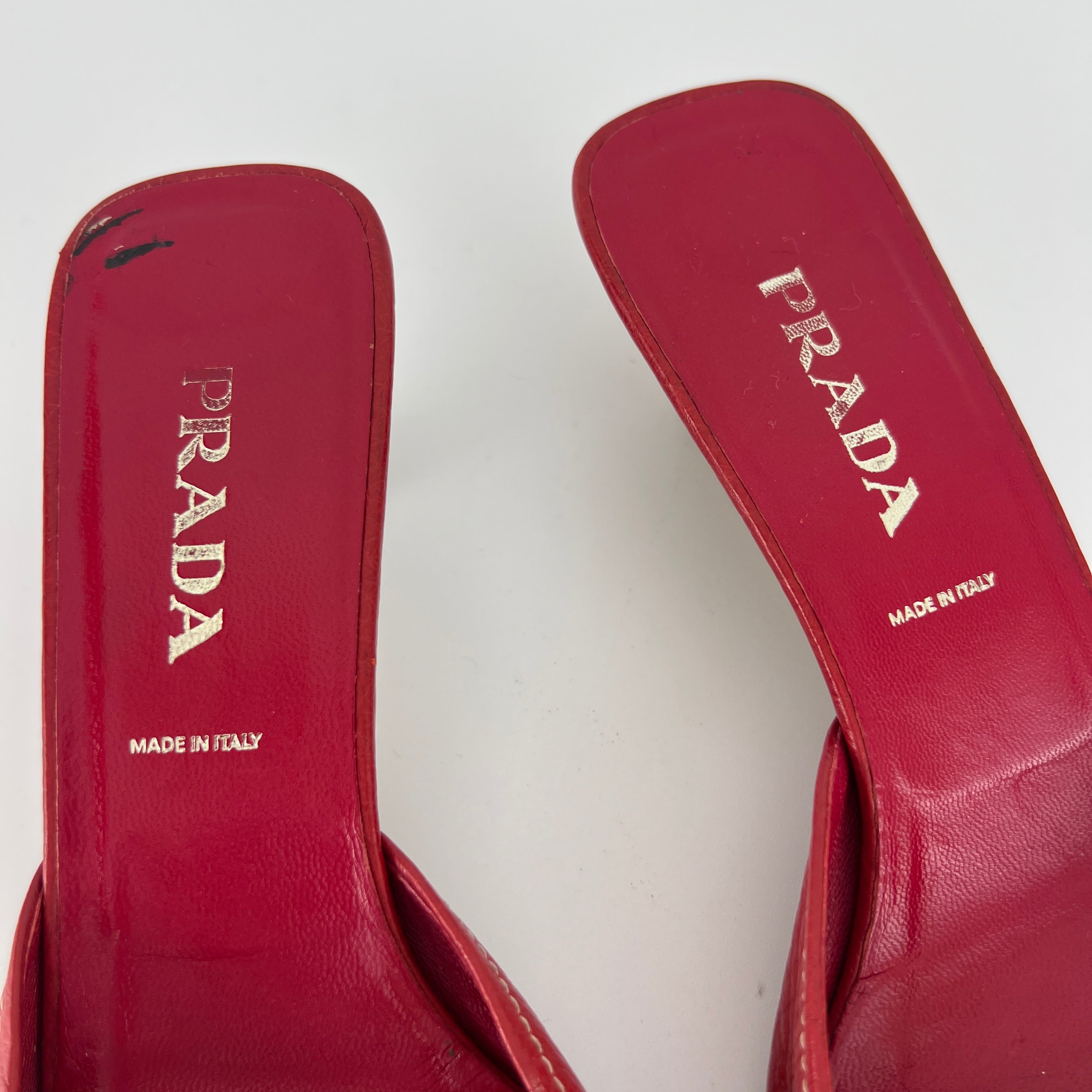 Prada | Vintage Red Square Toe Kitten Heel Mules Tassel Topstitching (37.5)