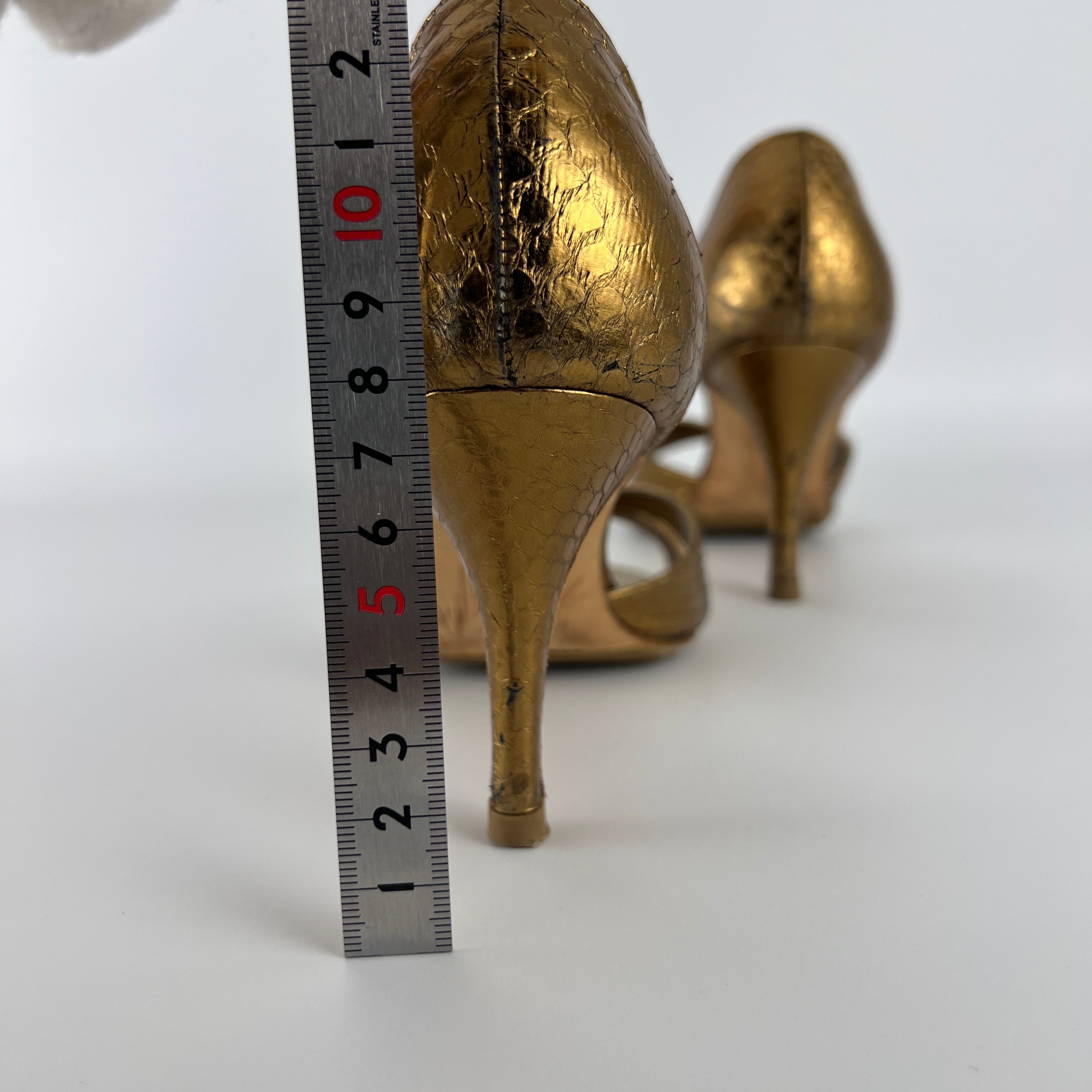 Manolo Blahnik | Metallic Gold Snake Embossed Leather Strappy Pumps (35.5)