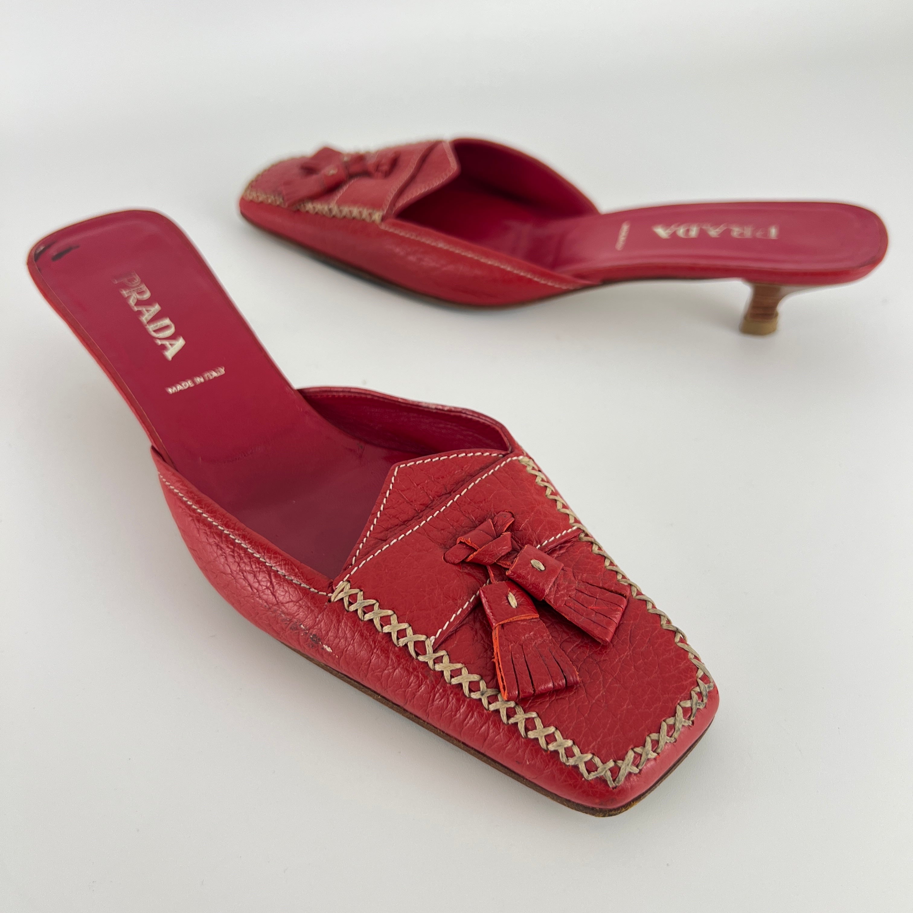 Prada | Vintage Red Square Toe Kitten Heel Mules Tassel Topstitching (37.5)