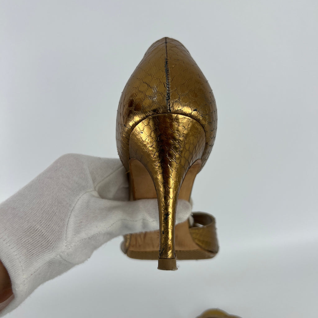 Manolo Blahnik | Metallic Gold Snake Embossed Leather Strappy Pumps (35.5)