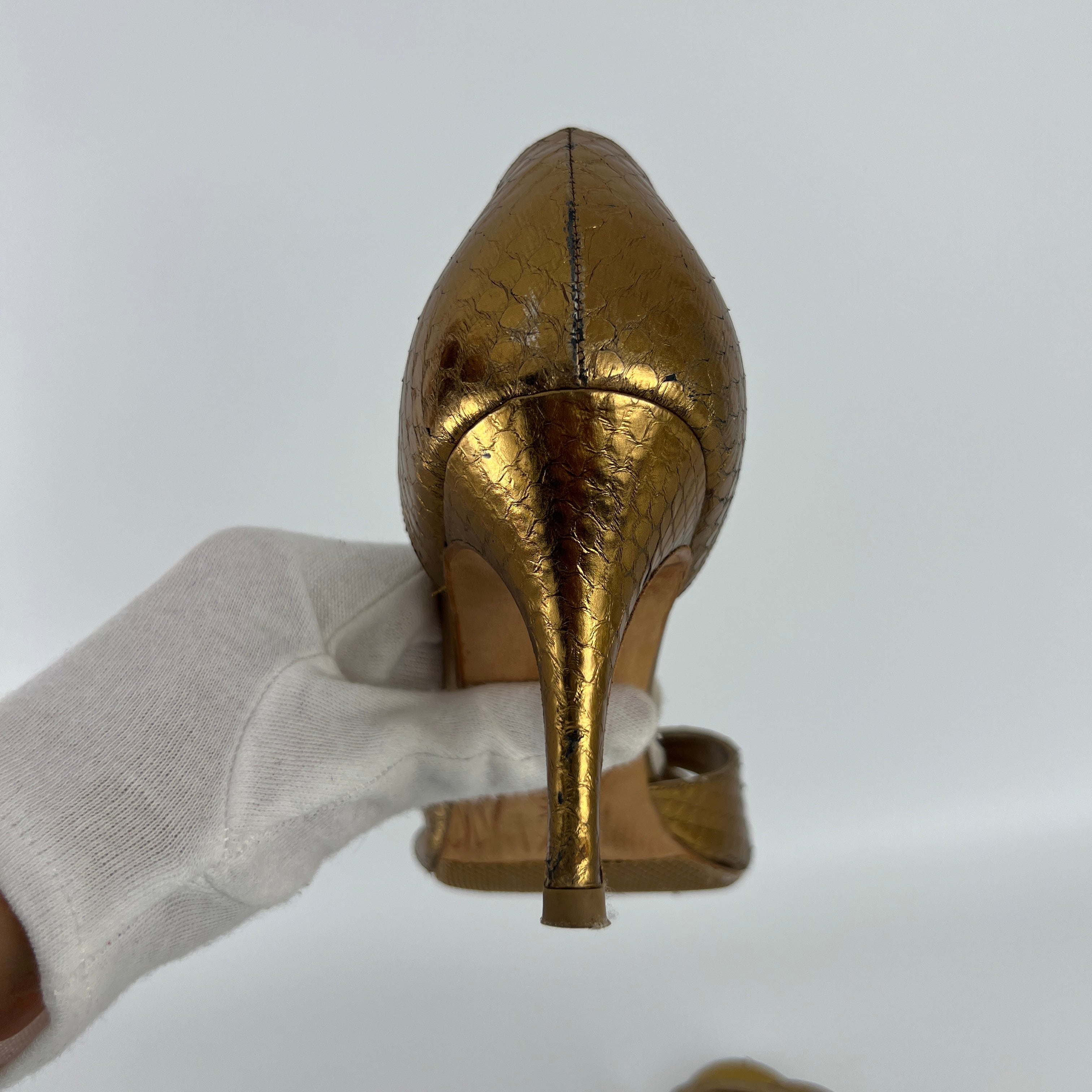 Manolo Blahnik | Metallic Gold Snake Embossed Leather Strappy Pumps (35.5)