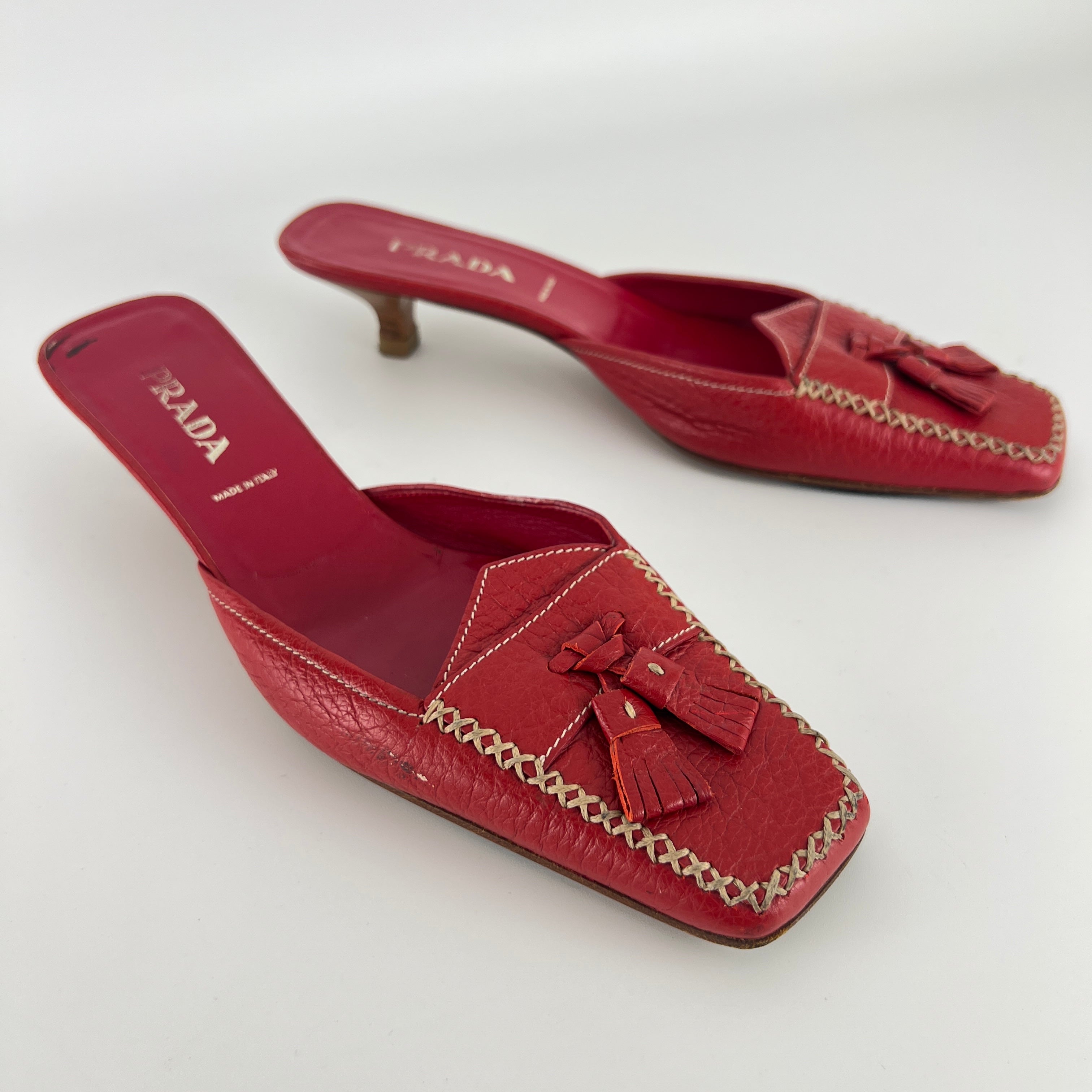 Prada | Vintage Red Square Toe Kitten Heel Mules Tassel Topstitching (37.5)