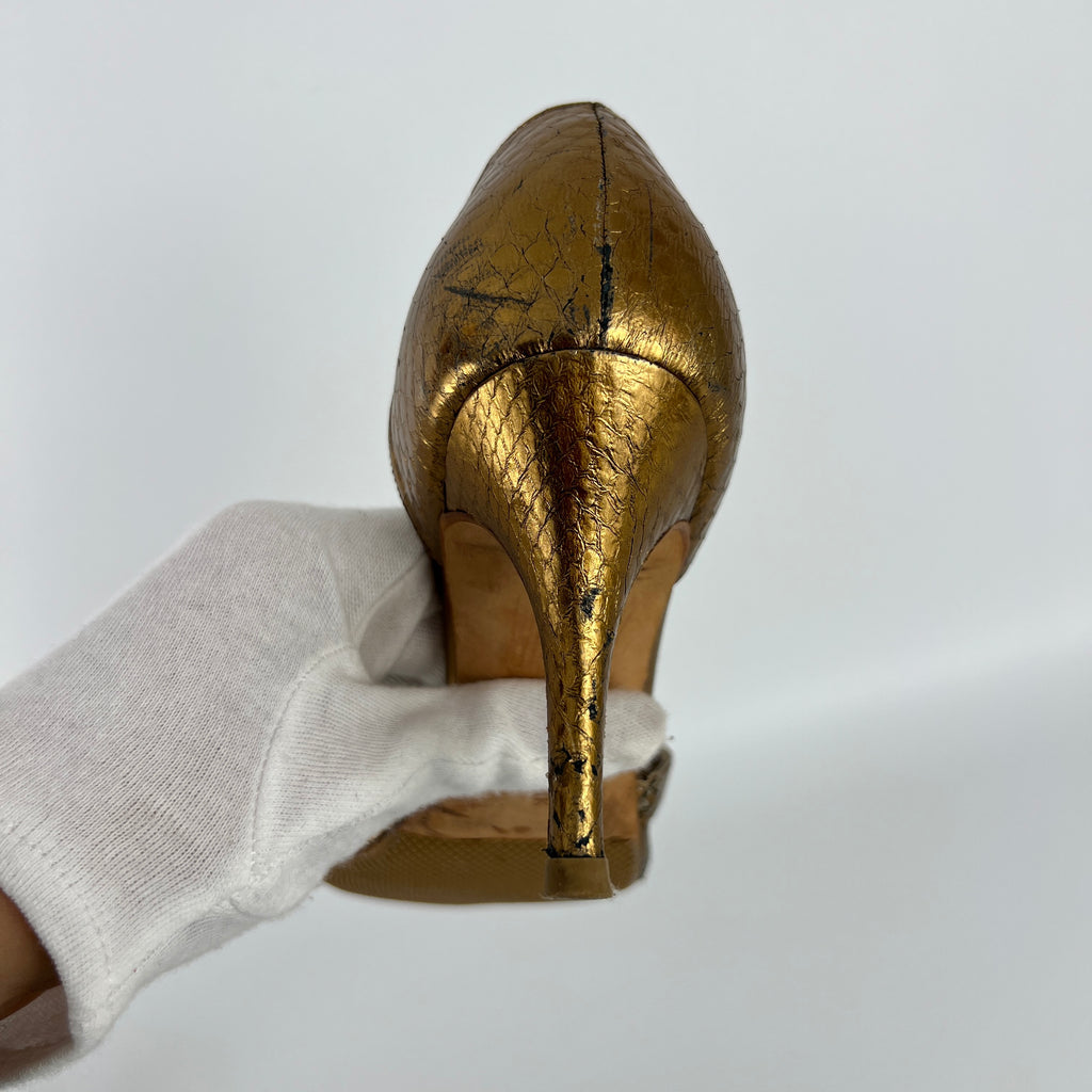 Manolo Blahnik | Metallic Gold Snake Embossed Leather Strappy Pumps (35.5)
