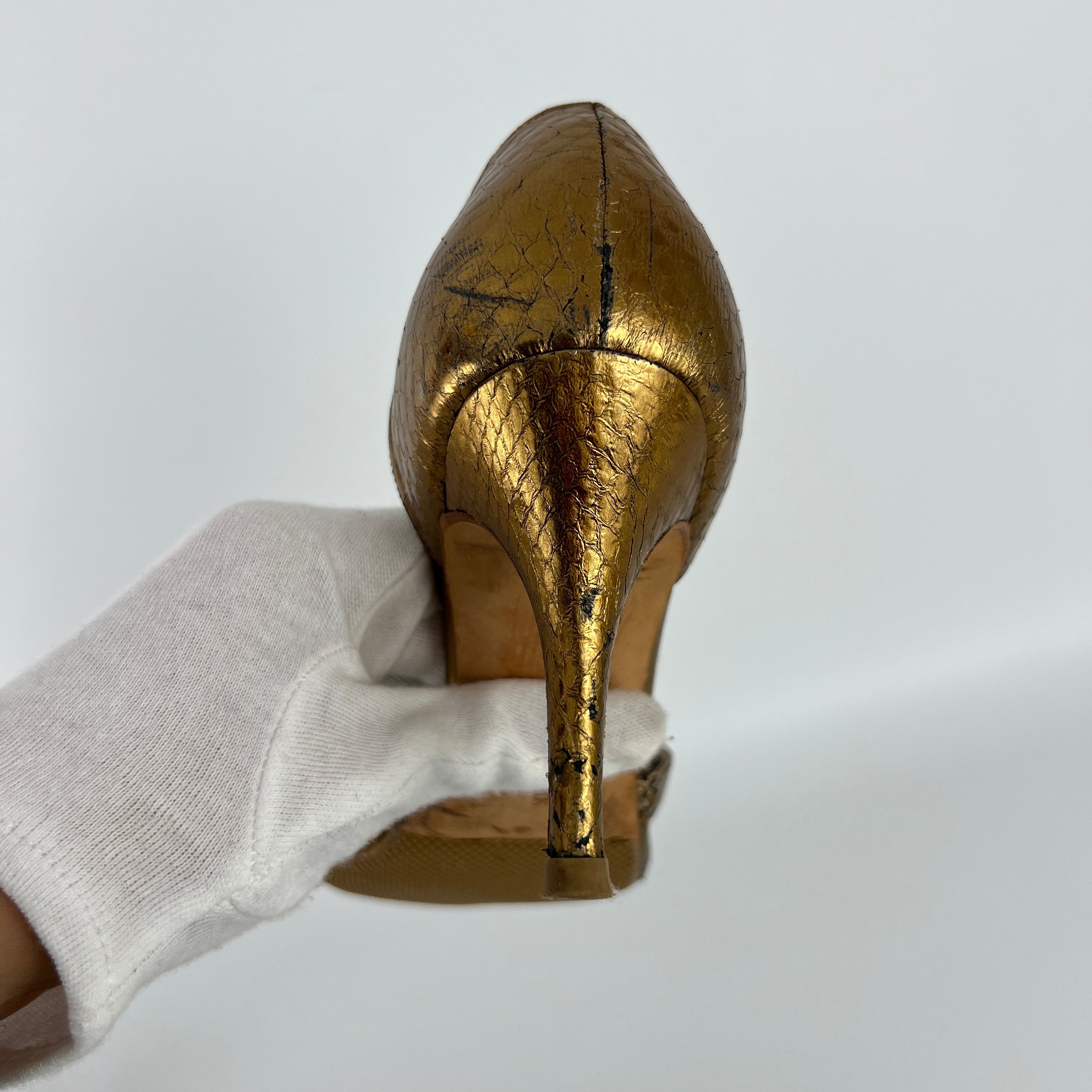 Manolo Blahnik | Metallic Gold Snake Embossed Leather Strappy Pumps (35.5)