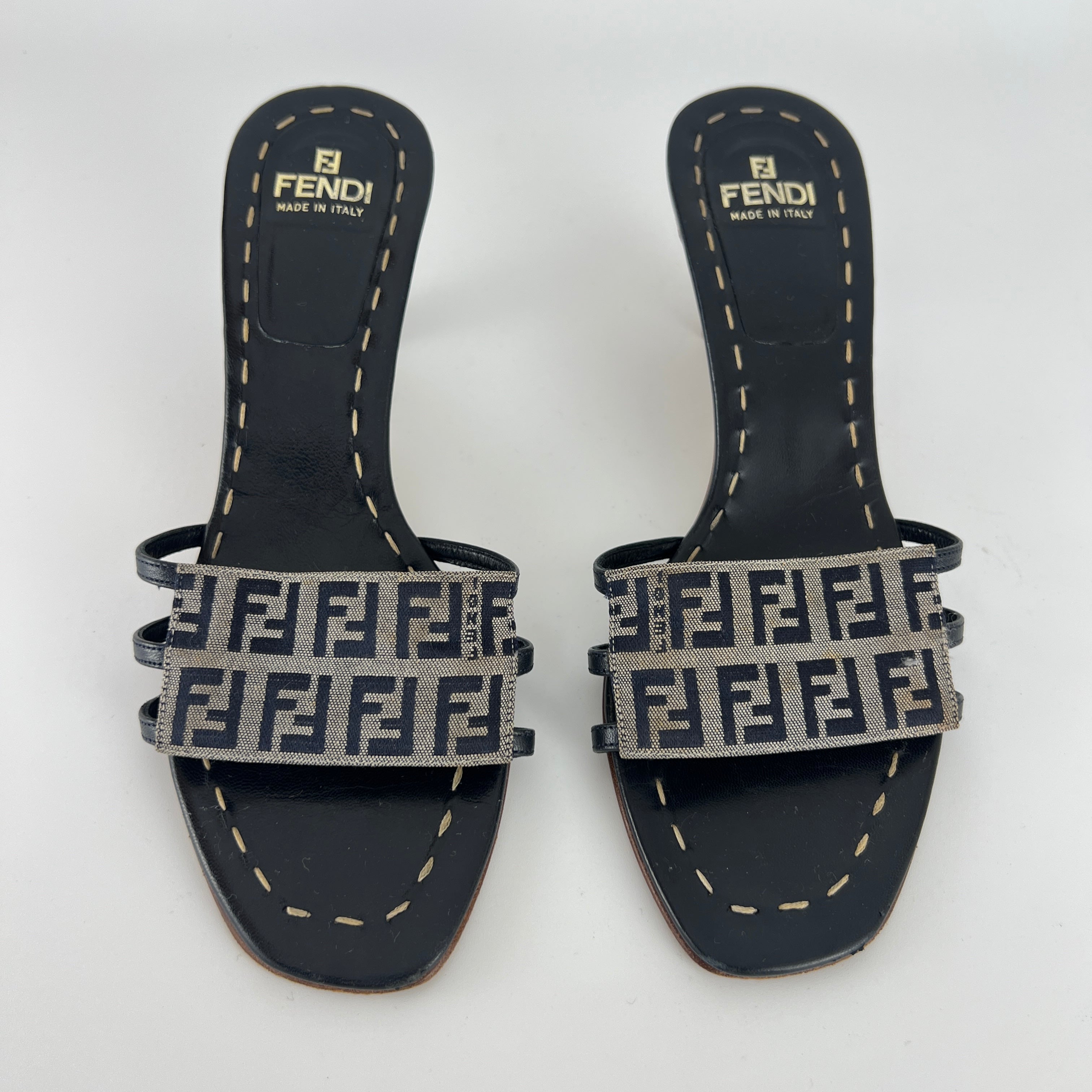 Fendi | Navy FF Zucca Pattern Mid Heel Topstiching Canvas Mules (37.5)