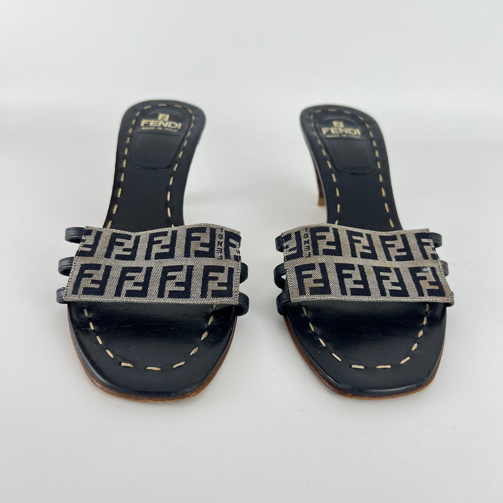 Fendi | Navy FF Zucca Pattern Mid Heel Topstiching Canvas Mules (37.5)