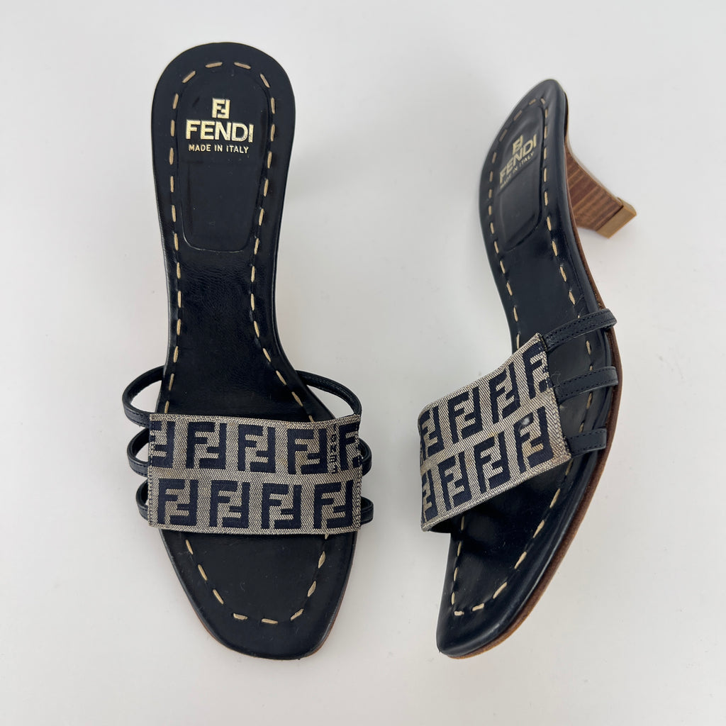 Fendi | Navy FF Zucca Pattern Mid Heel Topstiching Canvas Mules (37.5)