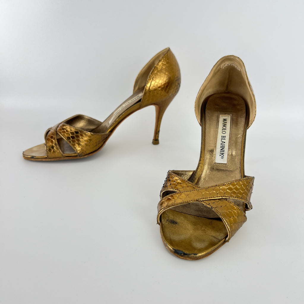 Manolo Blahnik | Metallic Gold Snake Embossed Leather Strappy Pumps (35.5)