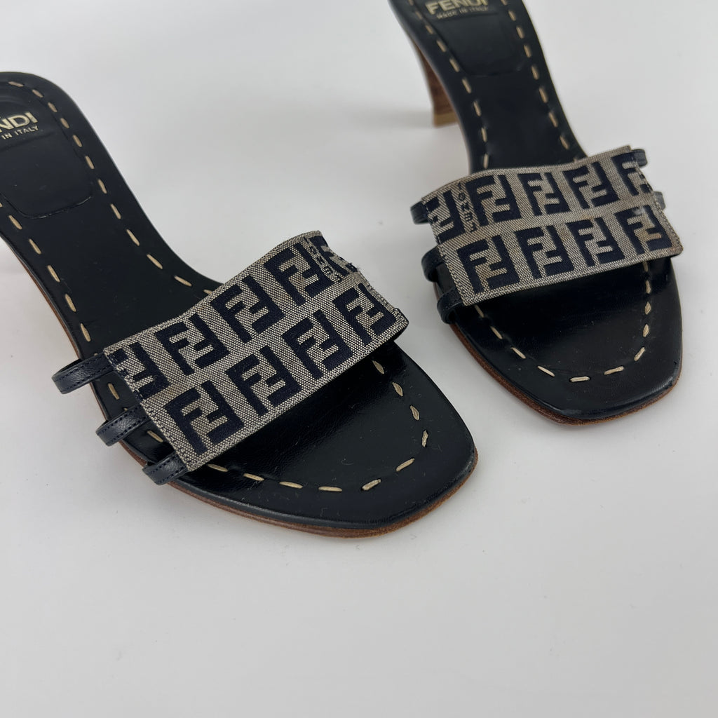 Fendi | Navy FF Zucca Pattern Mid Heel Topstiching Canvas Mules (37.5)