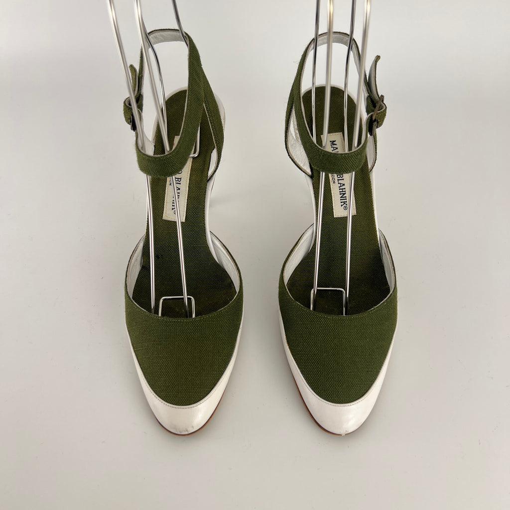Manolo Blahnik | Vintage Green Canvas White Leather Ankle Wrap Pumps (37.5)