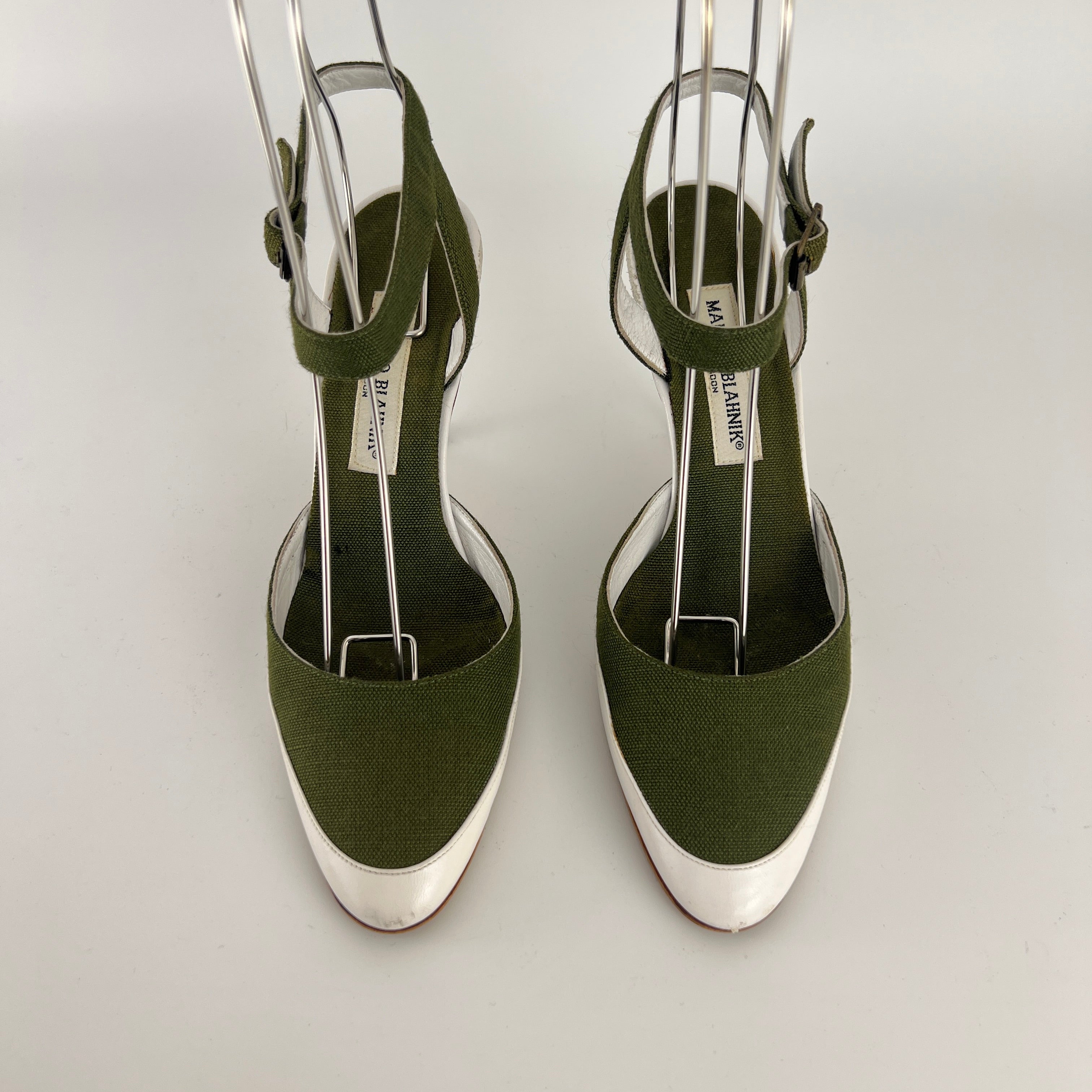 Manolo Blahnik | Vintage Green Canvas White Leather Ankle Wrap Pumps (37.5)