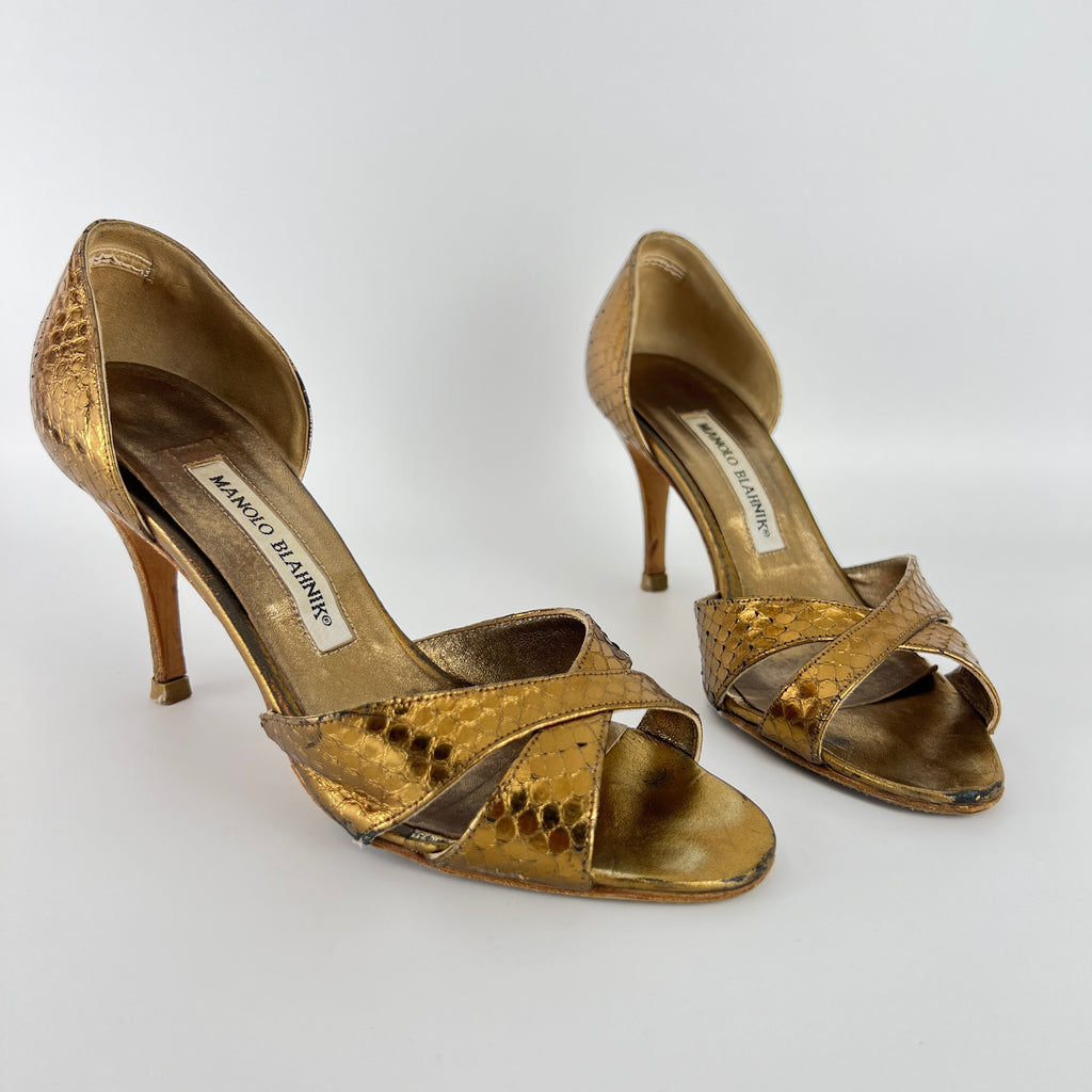 Manolo Blahnik | Metallic Gold Snake Embossed Leather Strappy Pumps (35.5)