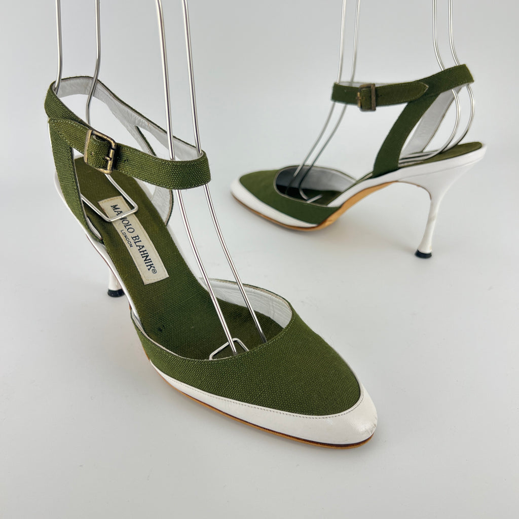 Manolo Blahnik | Vintage Green Canvas White Leather Ankle Wrap Pumps (37.5)