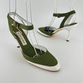 Manolo Blahnik | Vintage Green Canvas White Leather Ankle Wrap Pumps (37.5)