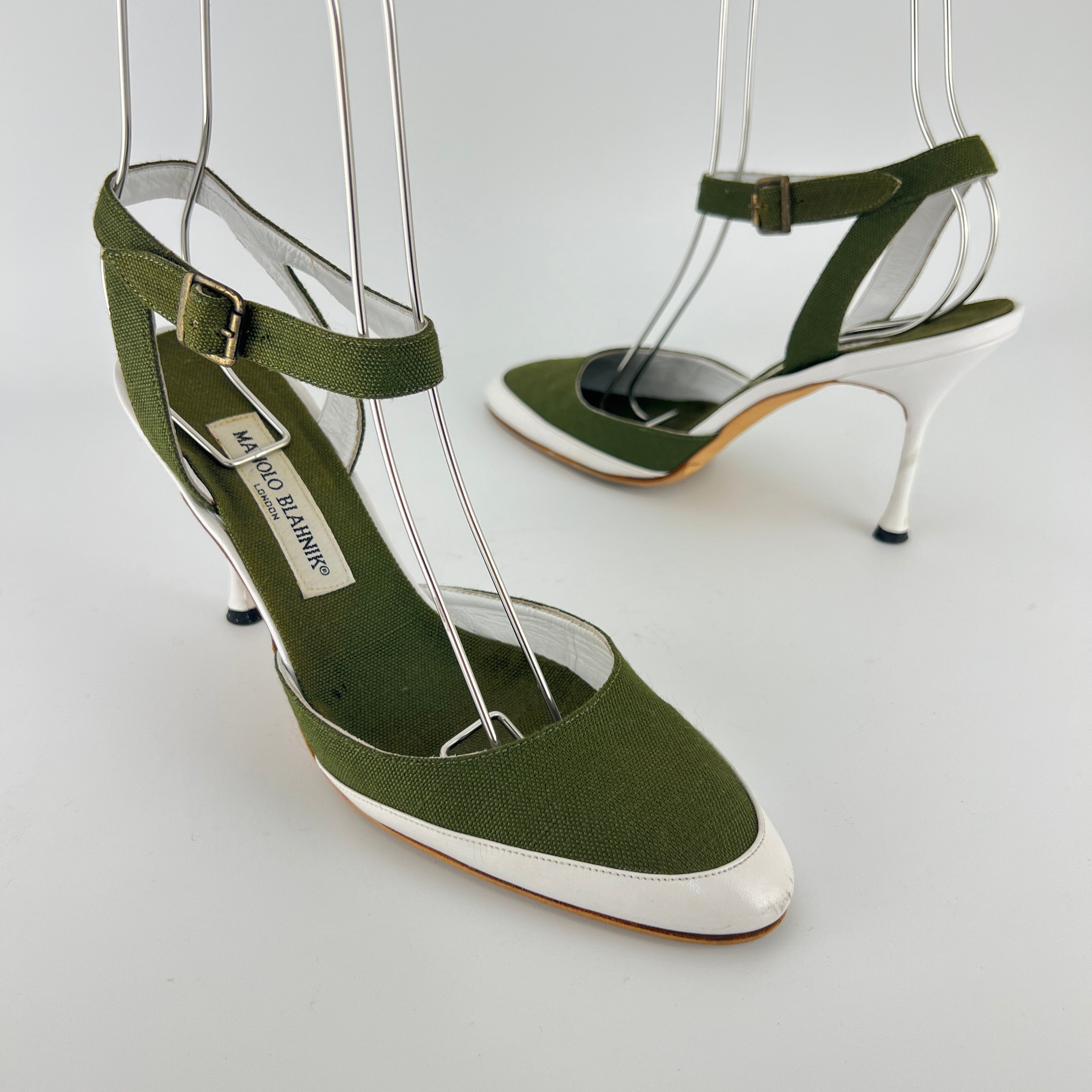 Manolo Blahnik | Vintage Green Canvas White Leather Ankle Wrap Pumps (37.5)