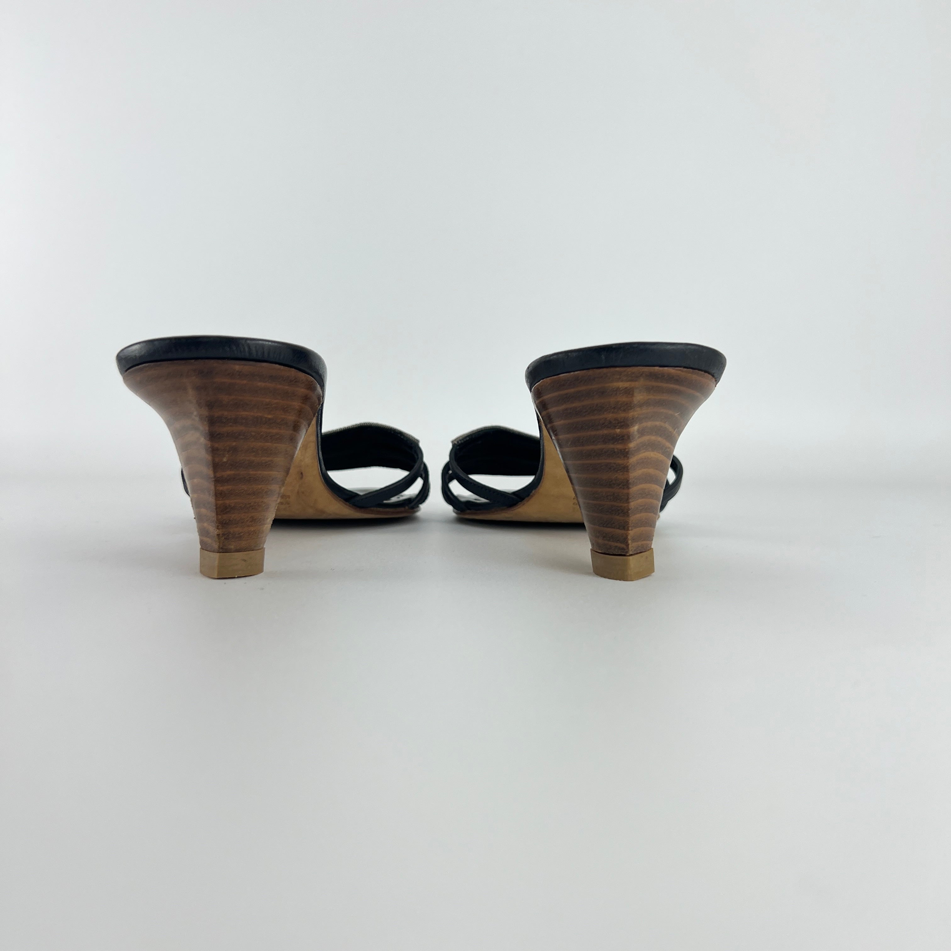 Fendi | Navy FF Zucca Pattern Mid Heel Topstiching Canvas Mules (37.5)