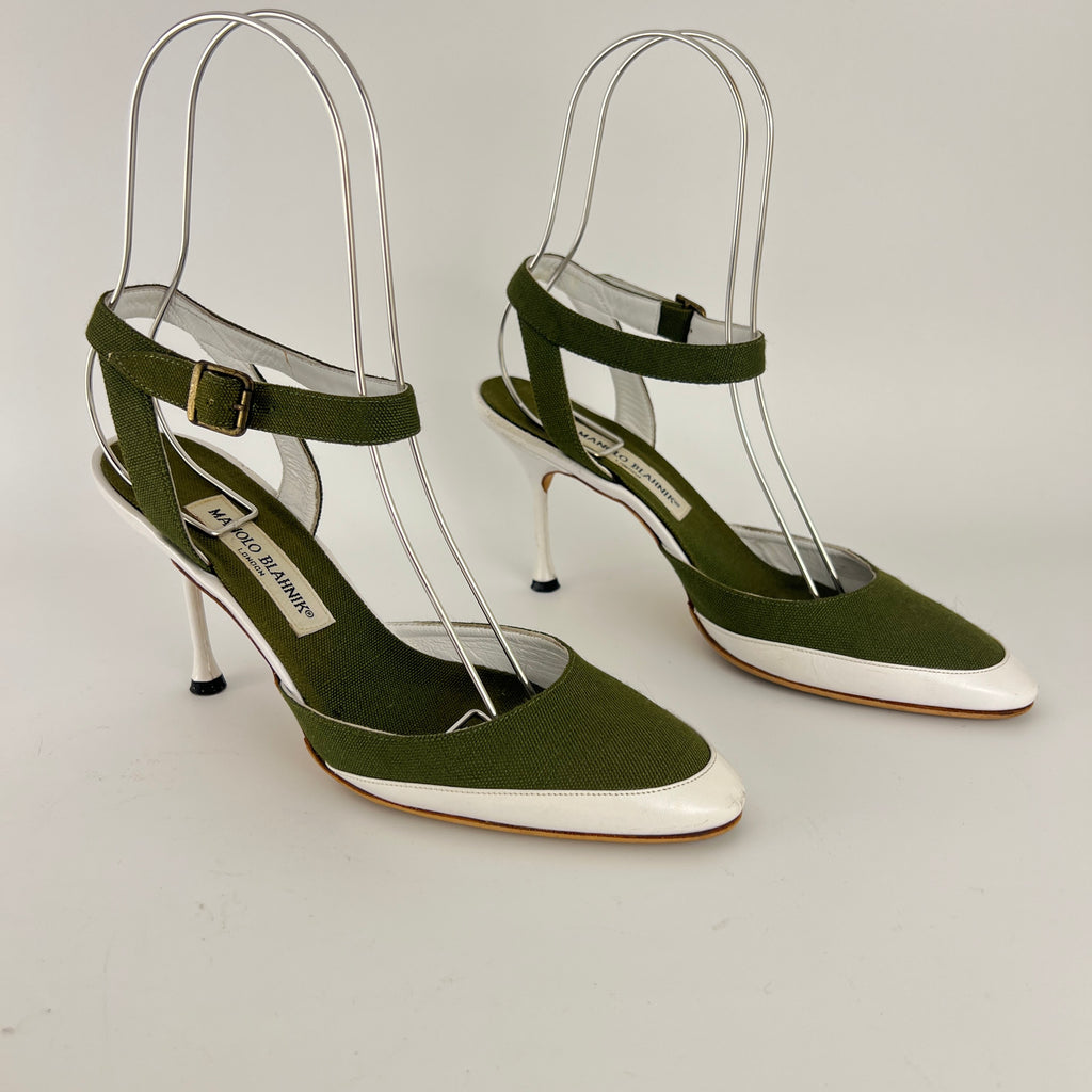 Manolo Blahnik | Vintage Green Canvas White Leather Ankle Wrap Pumps (37.5)