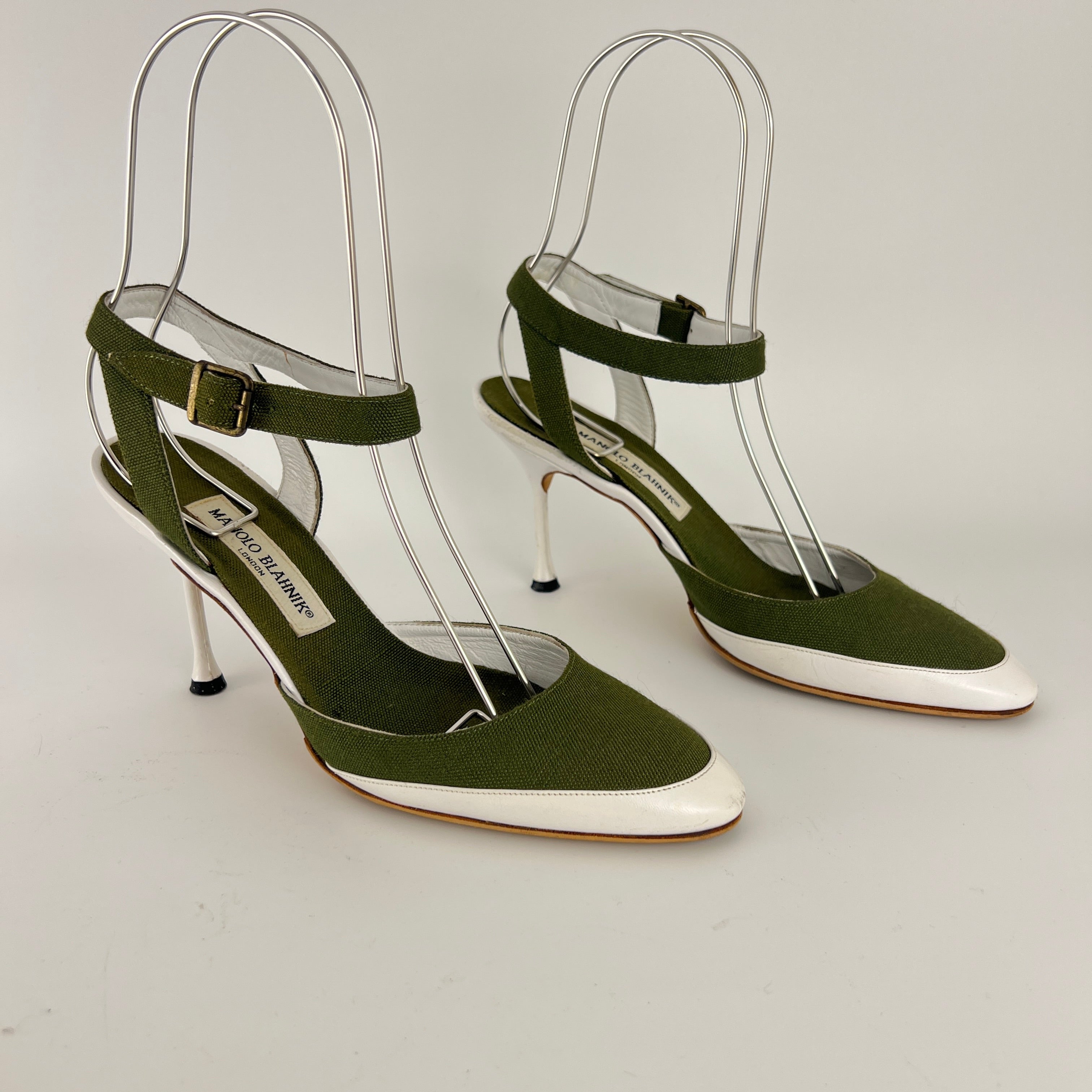 Manolo Blahnik | Vintage Green Canvas White Leather Ankle Wrap Pumps (37.5)