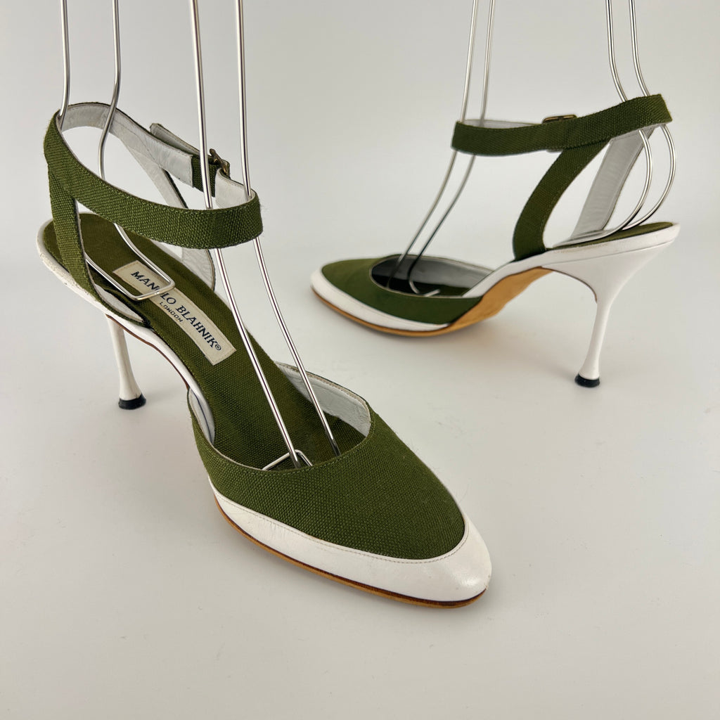 Manolo Blahnik | Vintage Green Canvas White Leather Ankle Wrap Pumps (37.5)