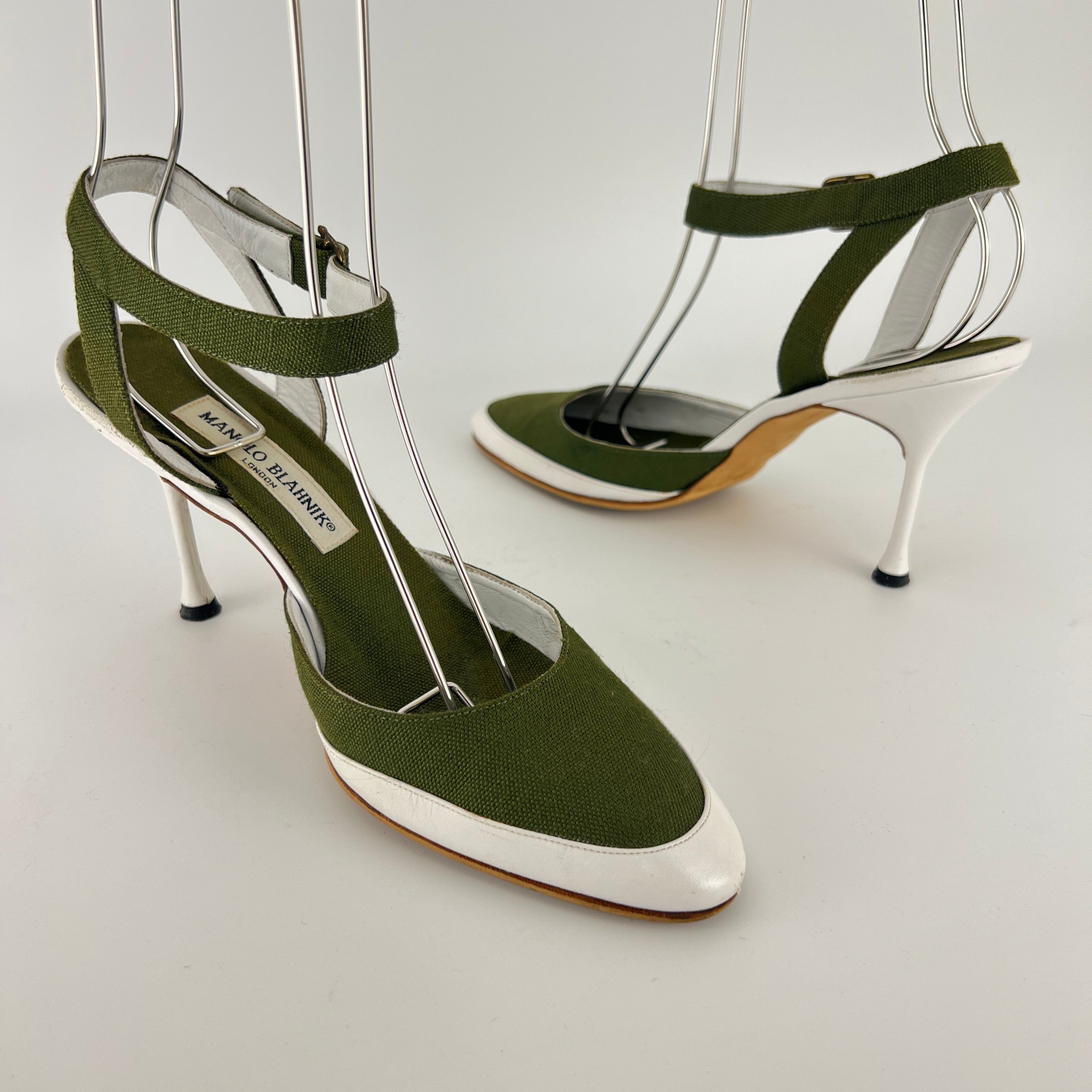 Manolo Blahnik | Vintage Green Canvas White Leather Ankle Wrap Pumps (37.5)