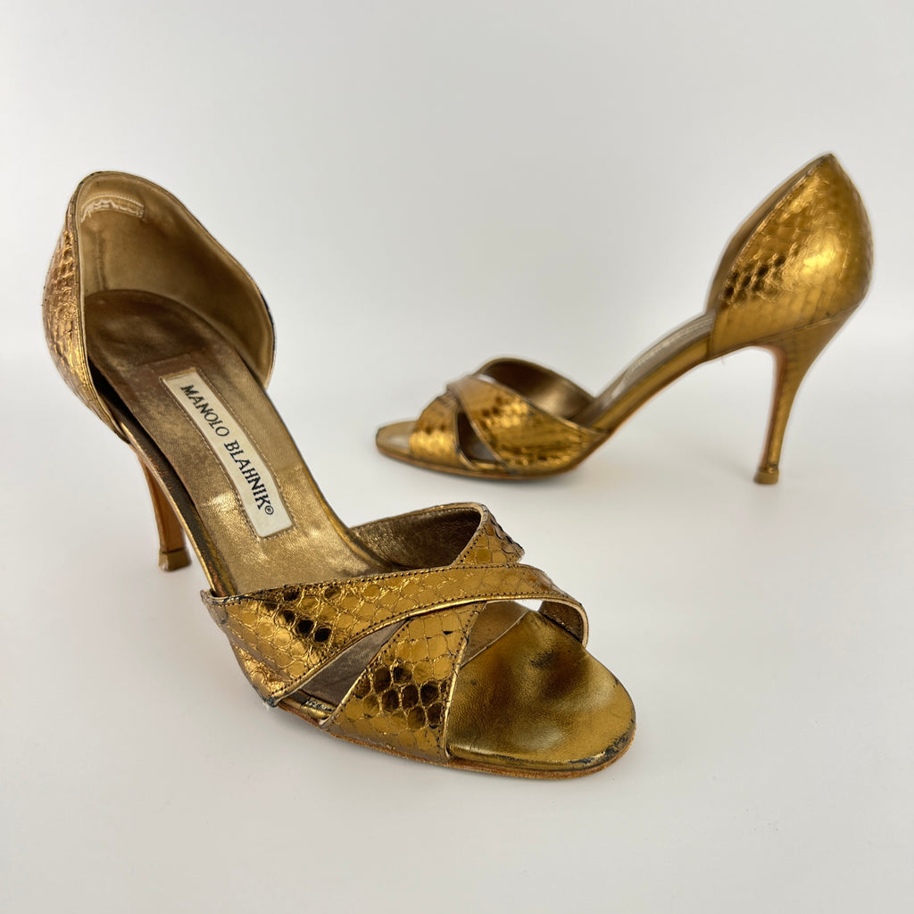 Manolo Blahnik | Metallic Gold Snake Embossed Leather Strappy Pumps (35.5)