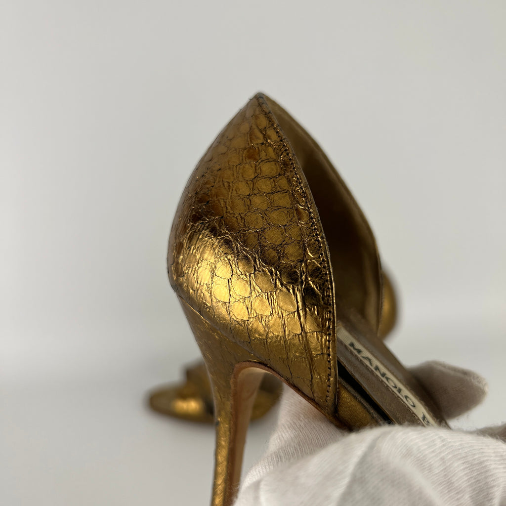 Manolo Blahnik | Metallic Gold Snake Embossed Leather Strappy Pumps (35.5)