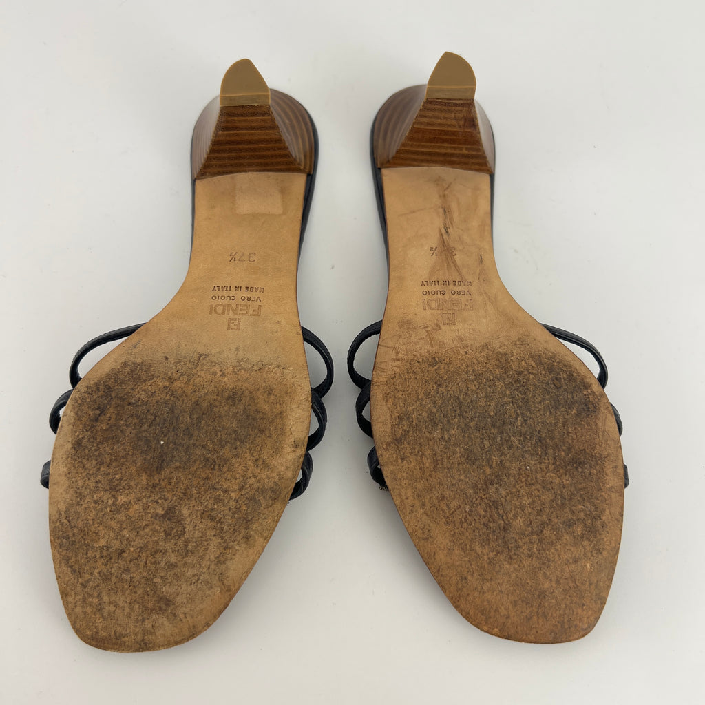 Fendi | Navy FF Zucca Pattern Mid Heel Topstiching Canvas Mules (37.5)